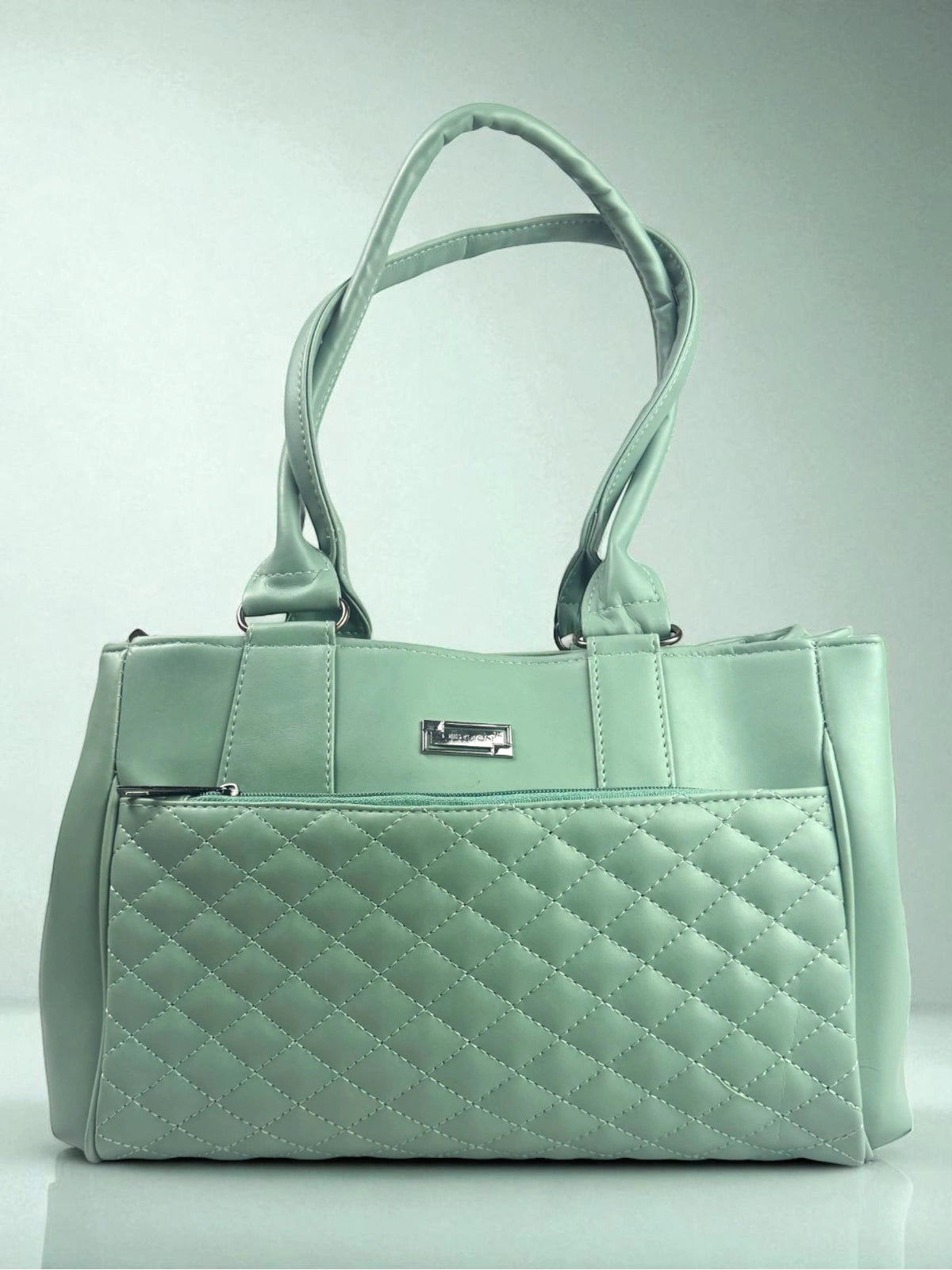 Tarani mint PU leather handbag with quilted front design full view