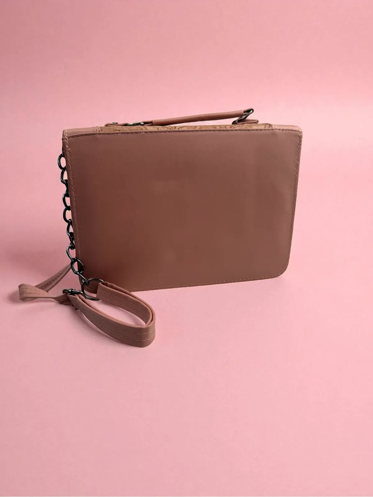 Tarani nude pink PU leather handbag elegant back view