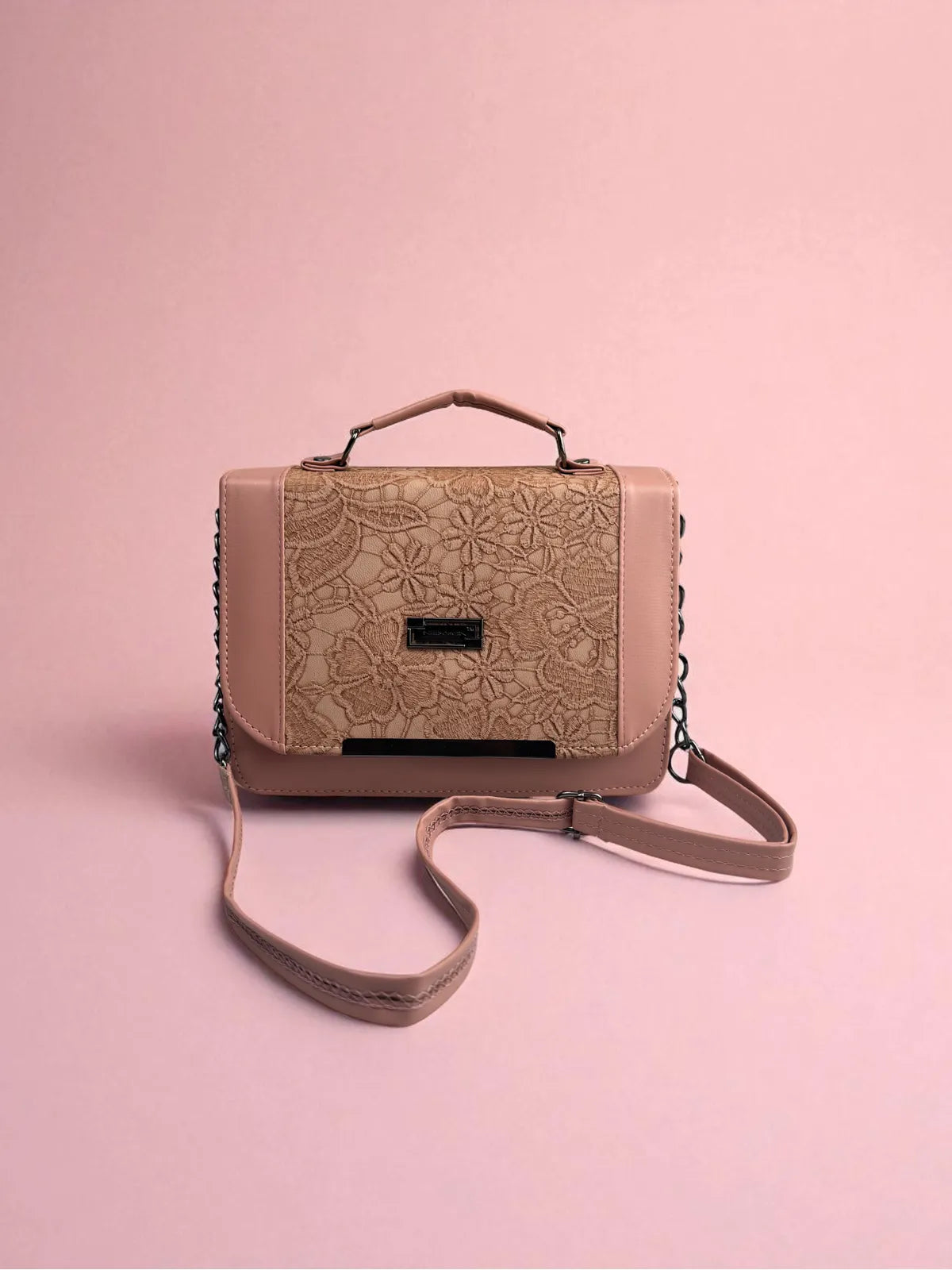 Tarani nude pink PU leather handbag with floral design full view