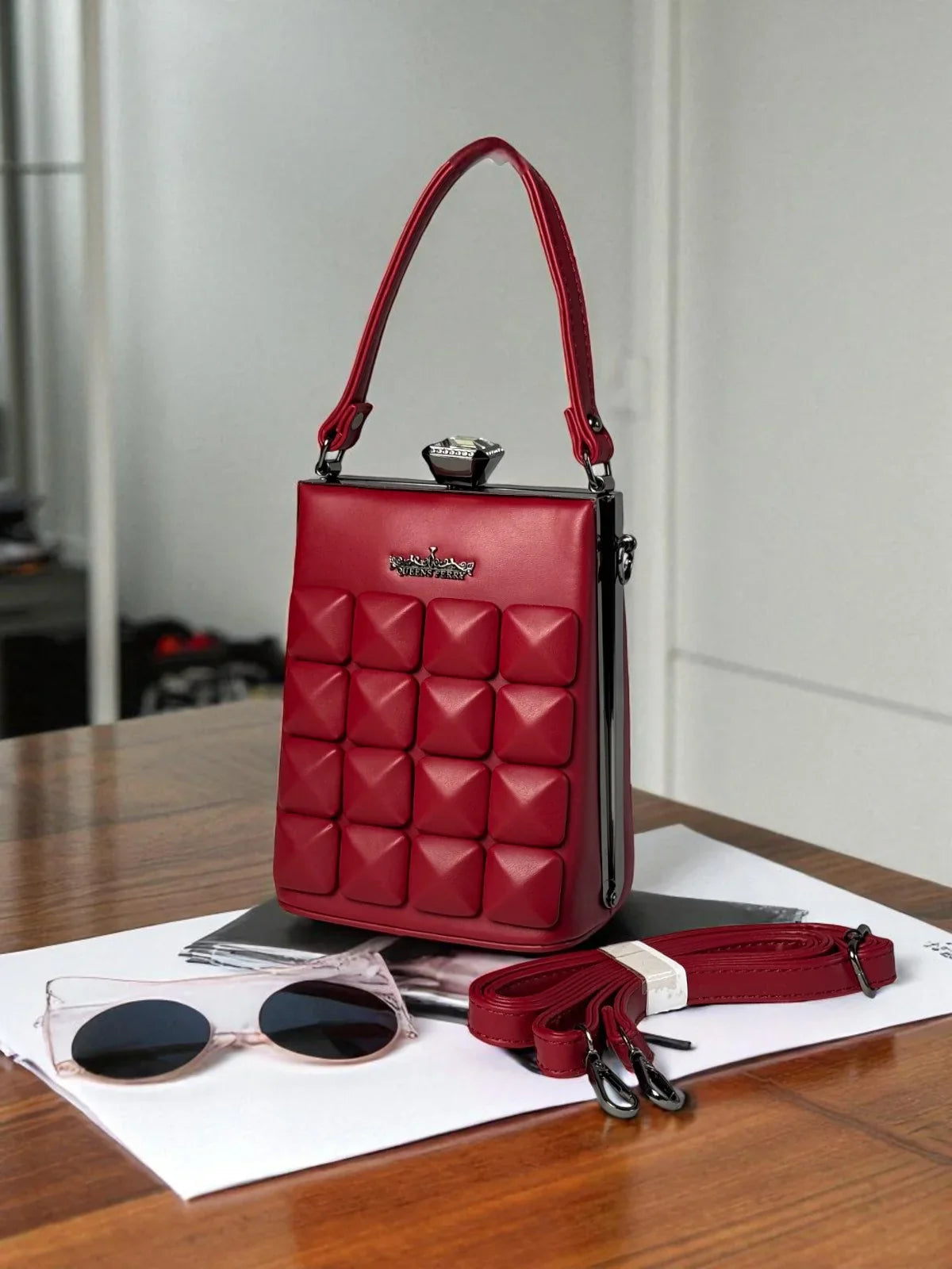 Tarani red PU leather designer handbag quilted front view