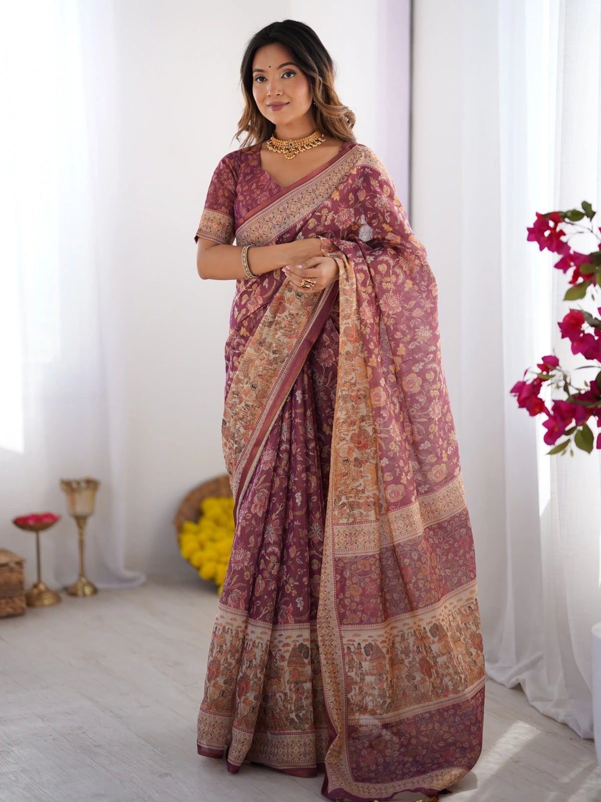 Tarani wine purple premium handloom saree full front view with floral print and heritage pallu