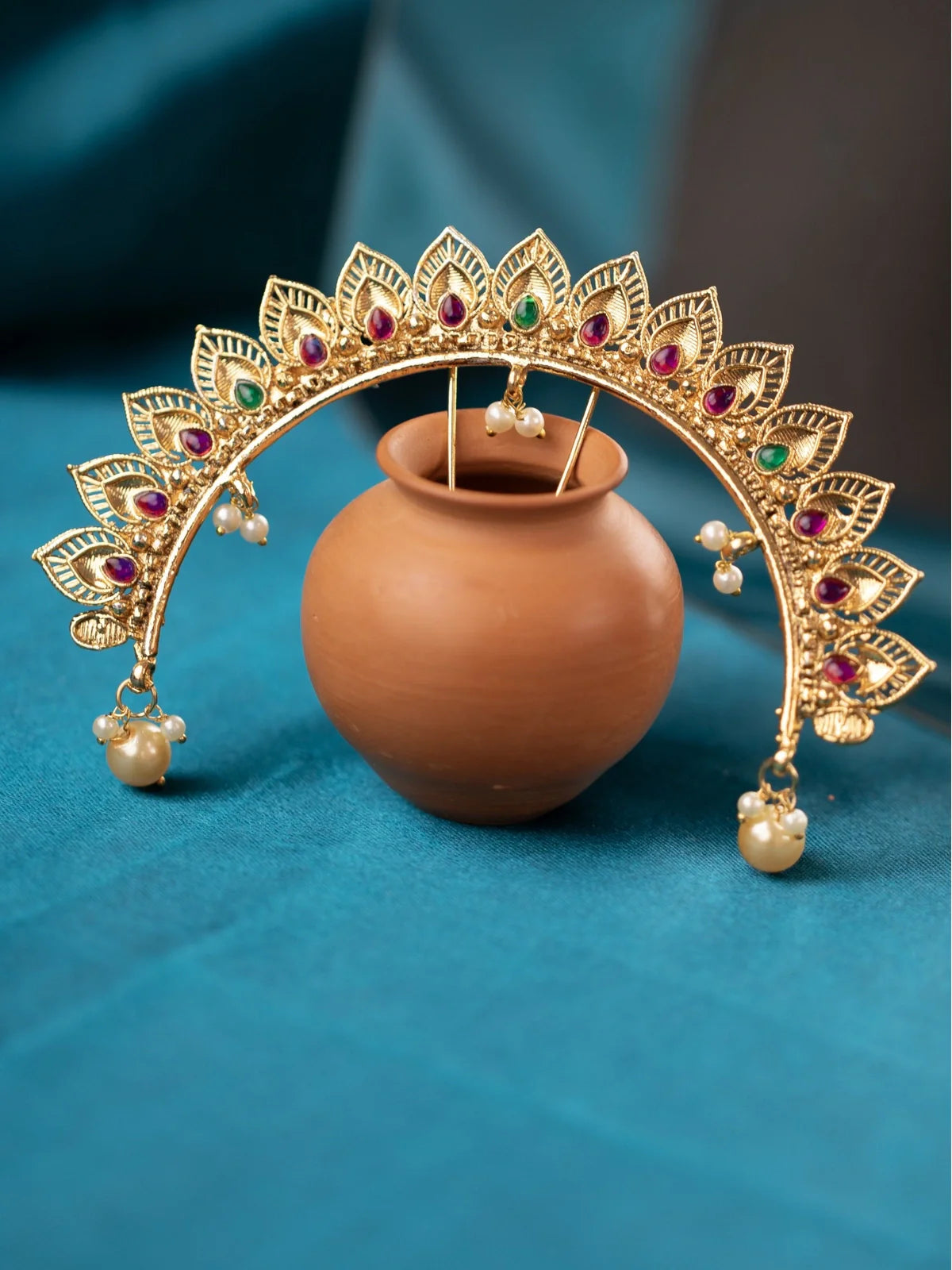 Tarani gold plated bridal headpiece with red and green stone work full view