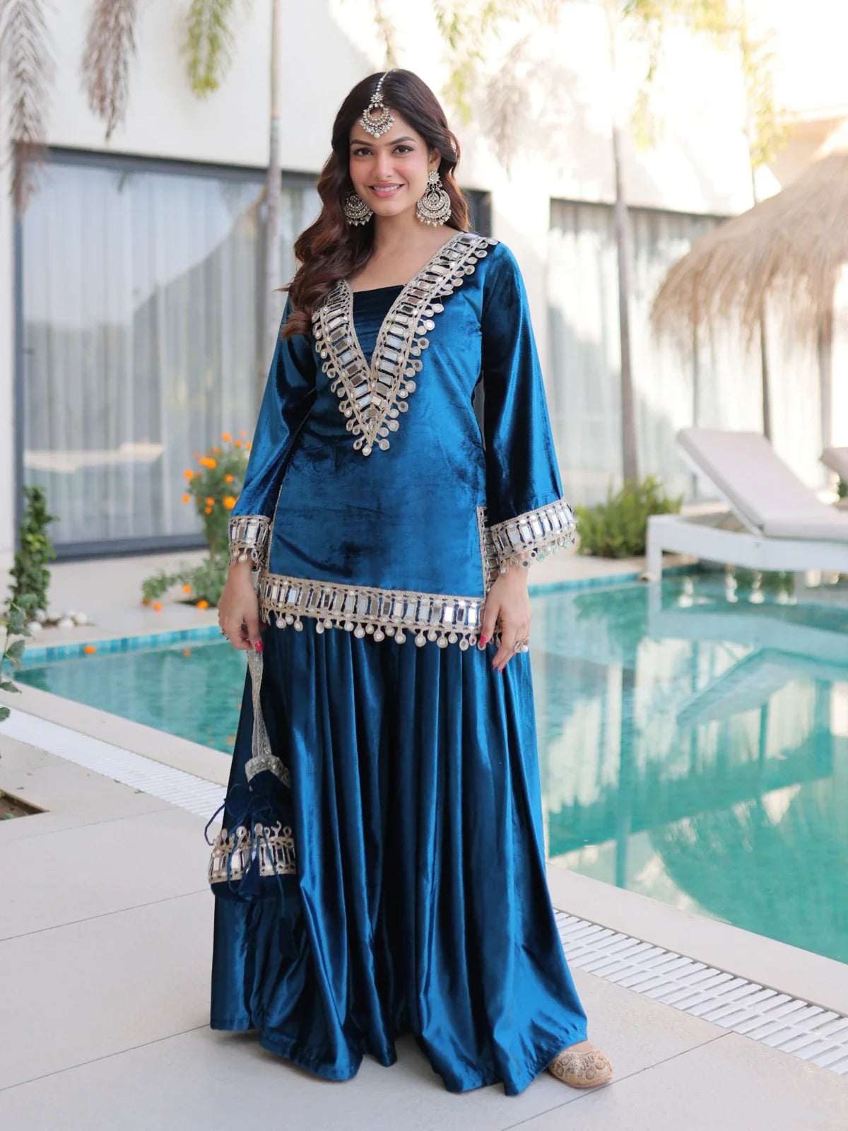 Tarani premium ice velvet blue dress with mirror work and matching batwa full-view