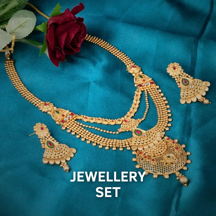 Tarani designer gold jewellery set on cream beige background for festive and elegant collection banner