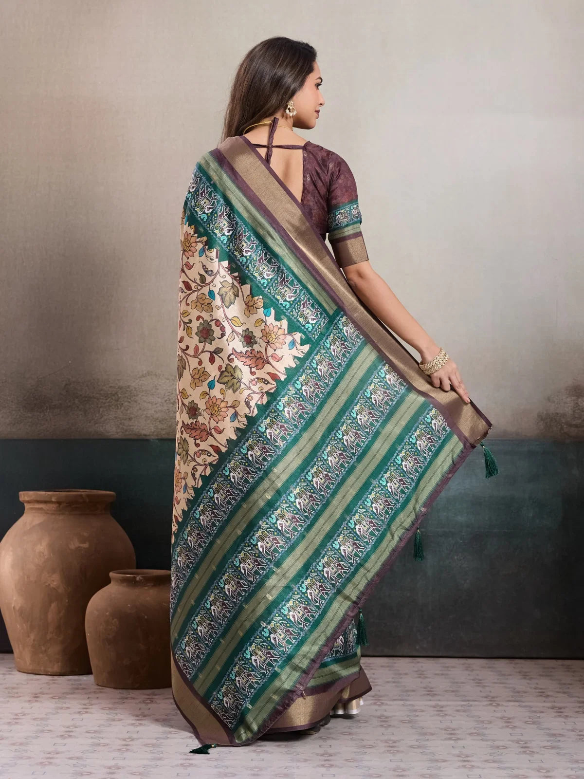 Tarani kalki silk saree full back view with graceful drape and digital prints