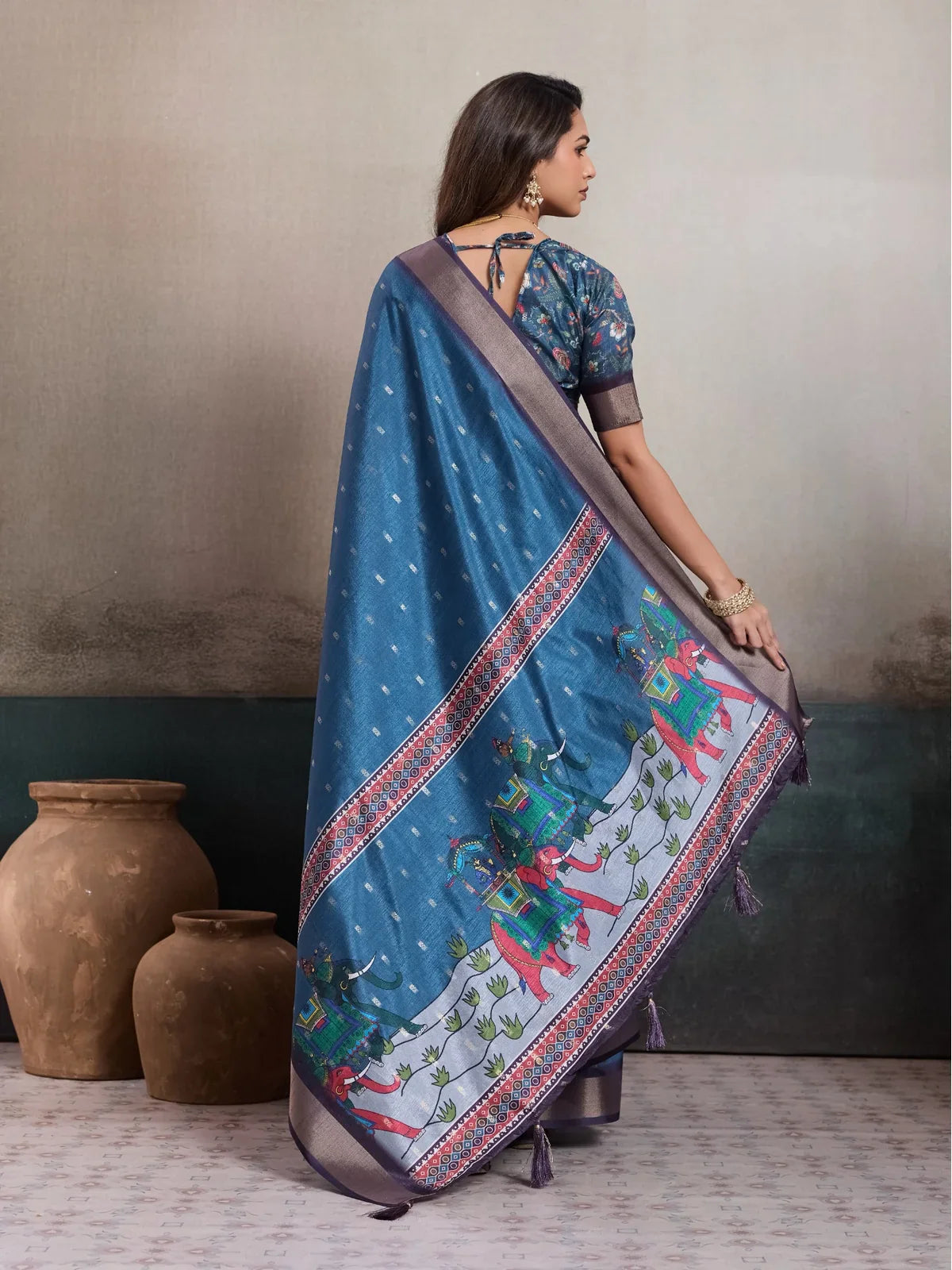 Tarani blue kalki silk saree back view with detailed printed pallu and stylish blouse