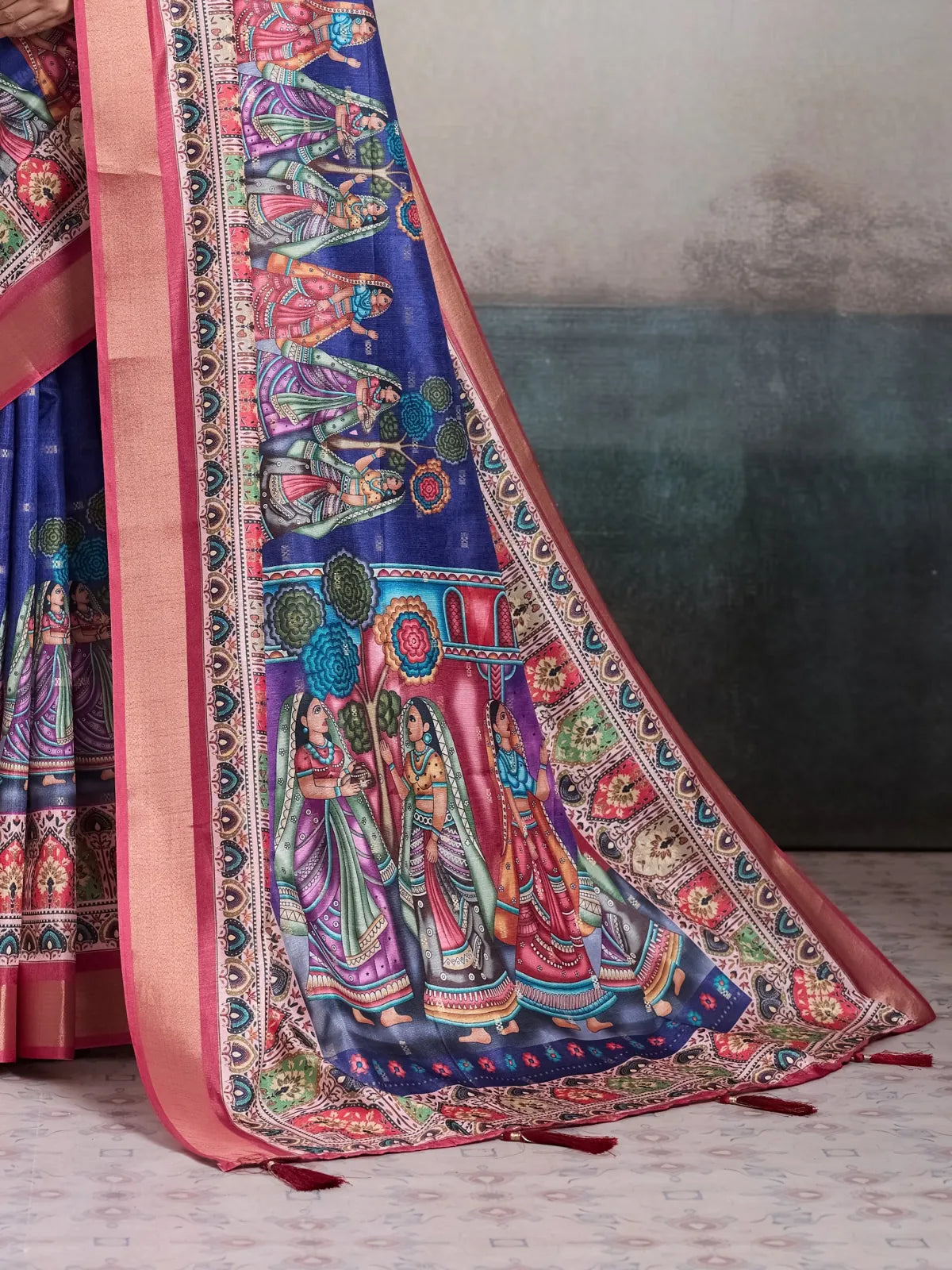 Tarani kalki silk saree pallu featuring intricate digital prints of Indian art forms