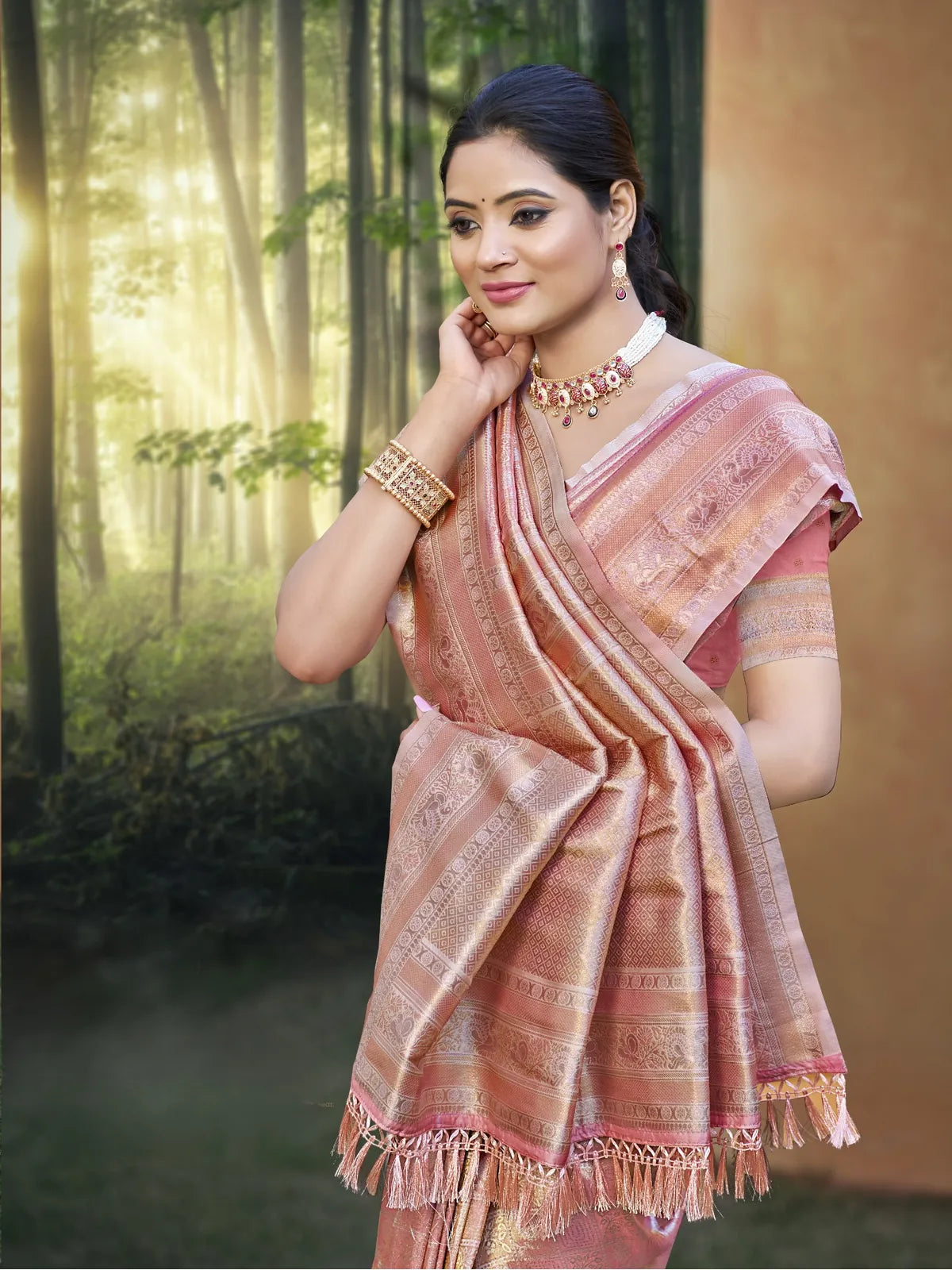 Tarani pastel pink Kanjivaram silk saree upper body view with rich detailing