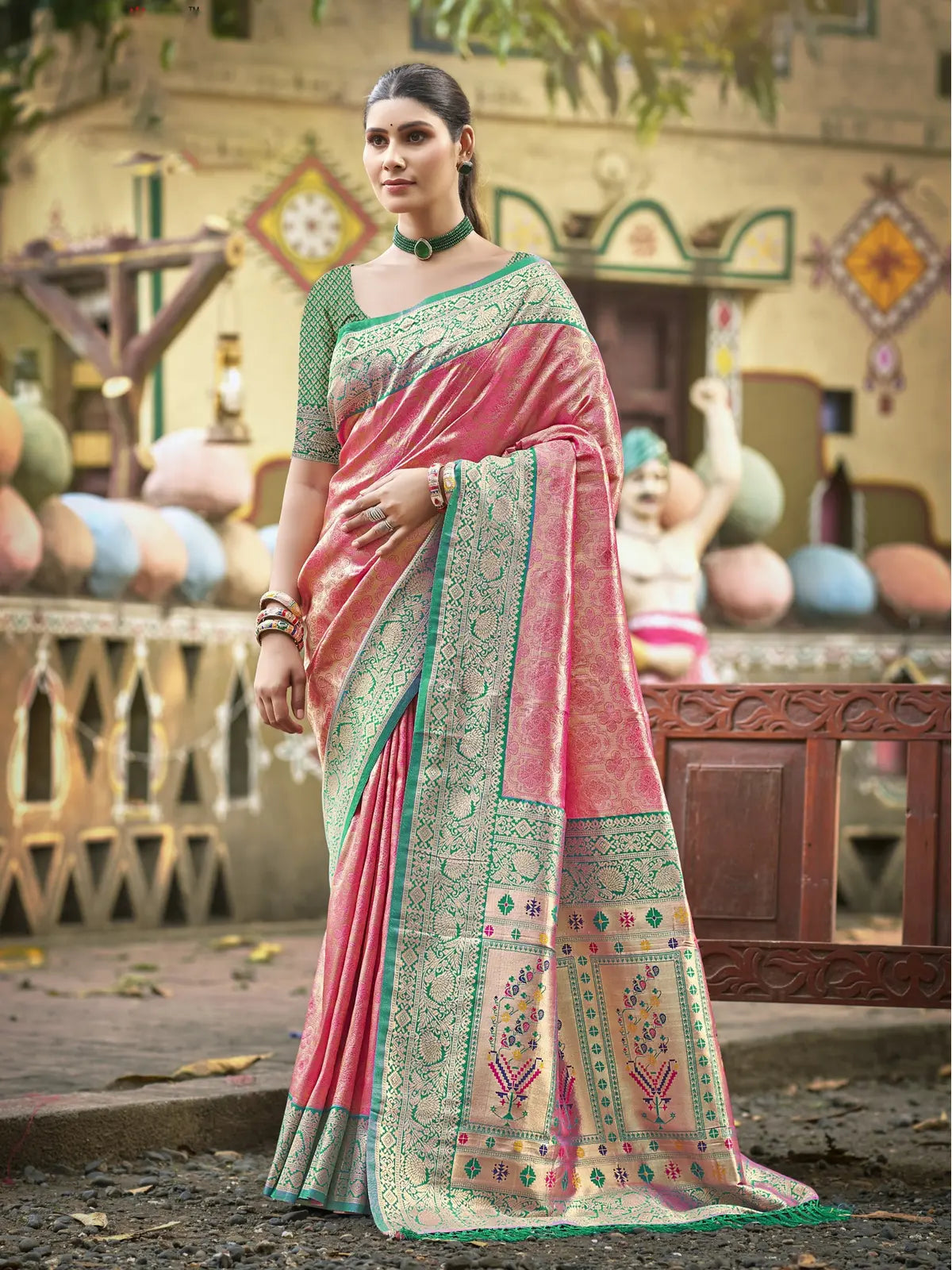 Tarani elegant pink kanjivaram silk saree full view with green border for weddings
