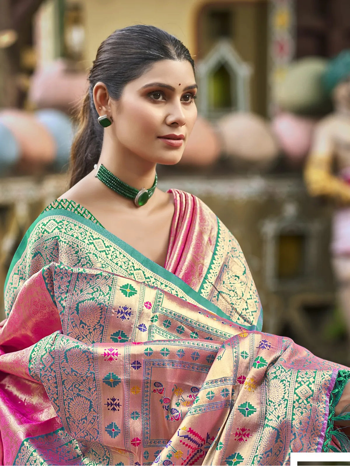 Tarani premium pink kanjivaram silk saree upper body view with woven detailing