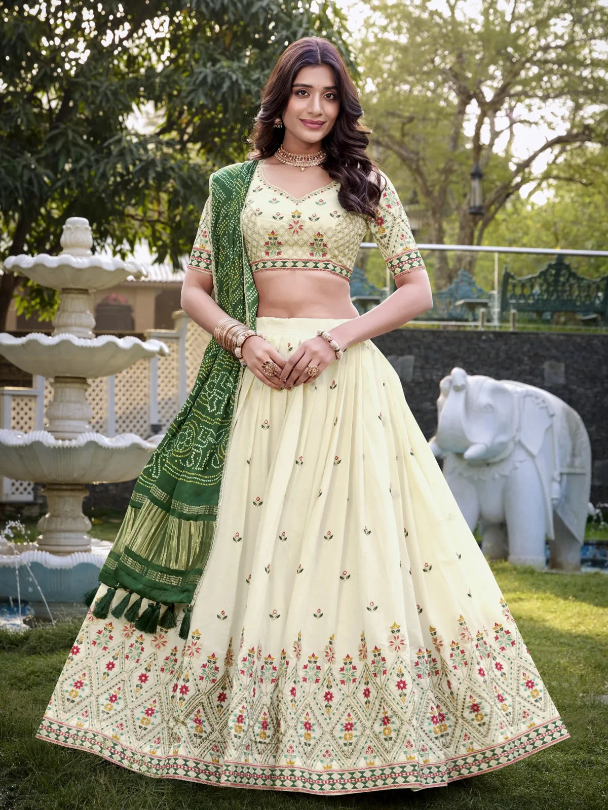 Tarani cream khadi cotton lehenga with embroidered border and matching blouse full front view