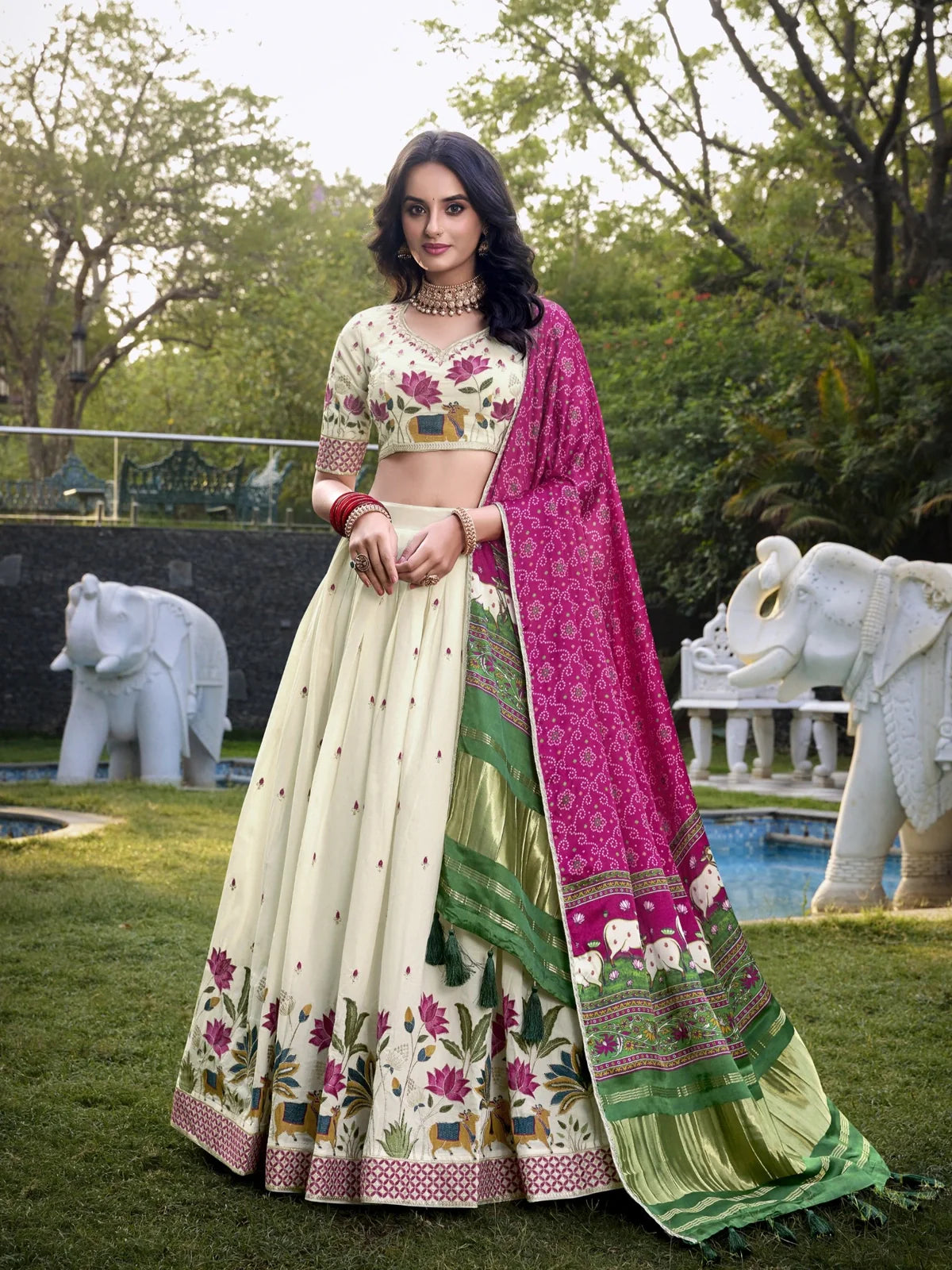 Tarani cream khadi cotton lehenga full view with embroidery and printed border, festive style