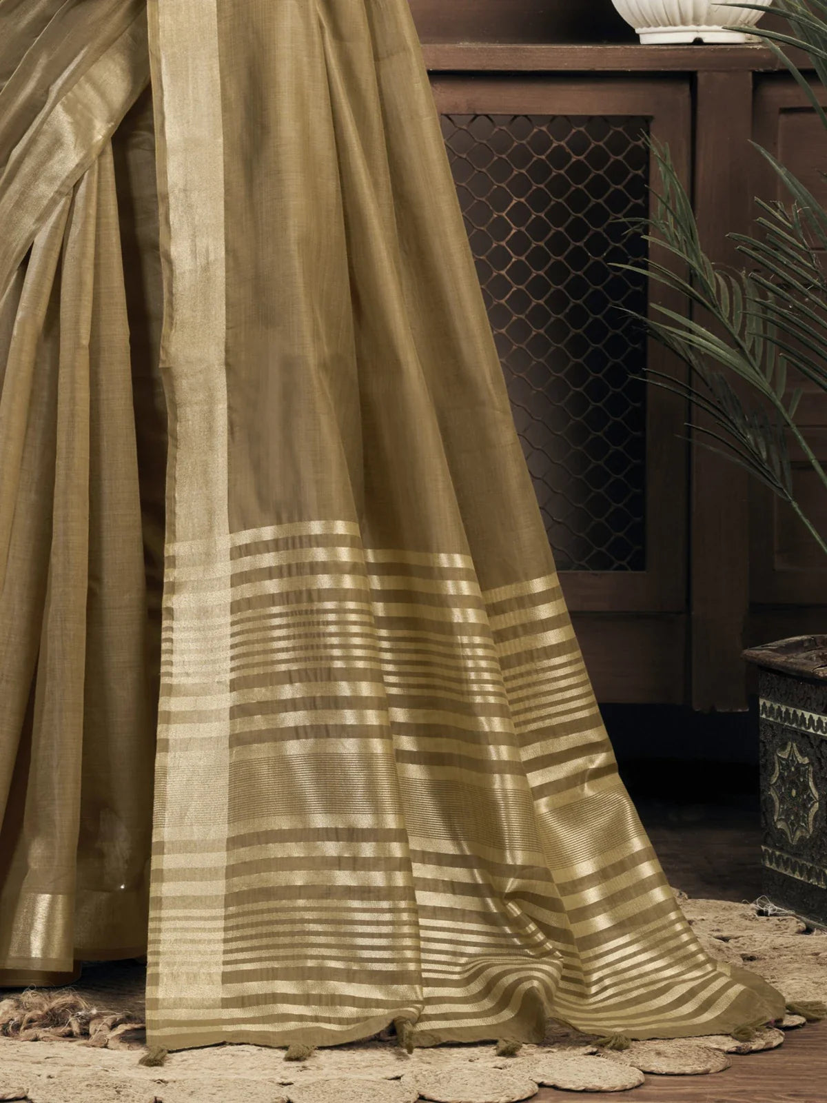 Tarani golden khadi cotton saree showing pallu stripes and lower detailing
