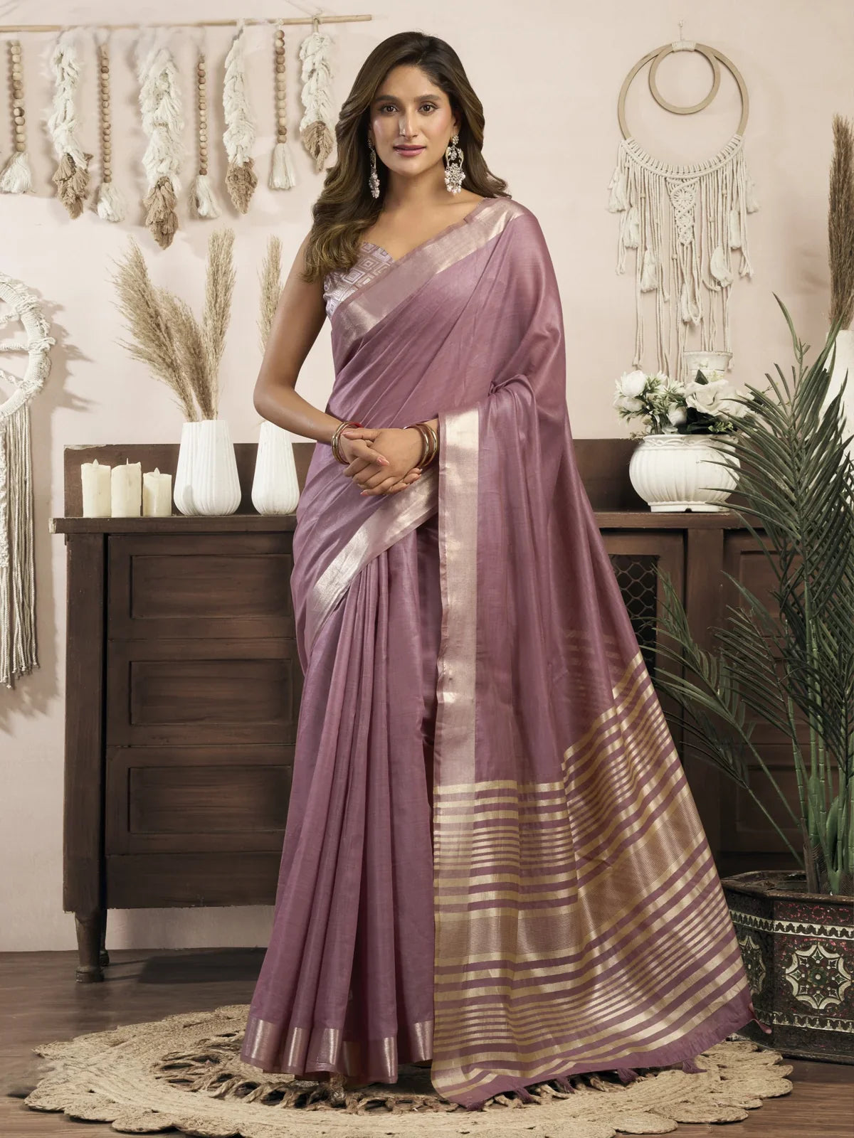 Tarani lavender khadi cotton saree full view with zari border and brocade blouse