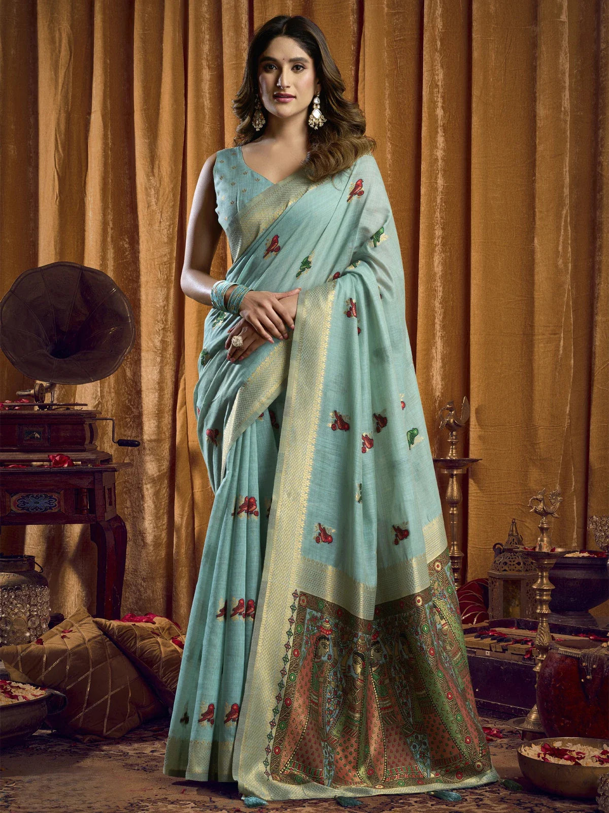 Tarani light blue khadi cotton saree full view with madhubani pallu and brocade blouse
