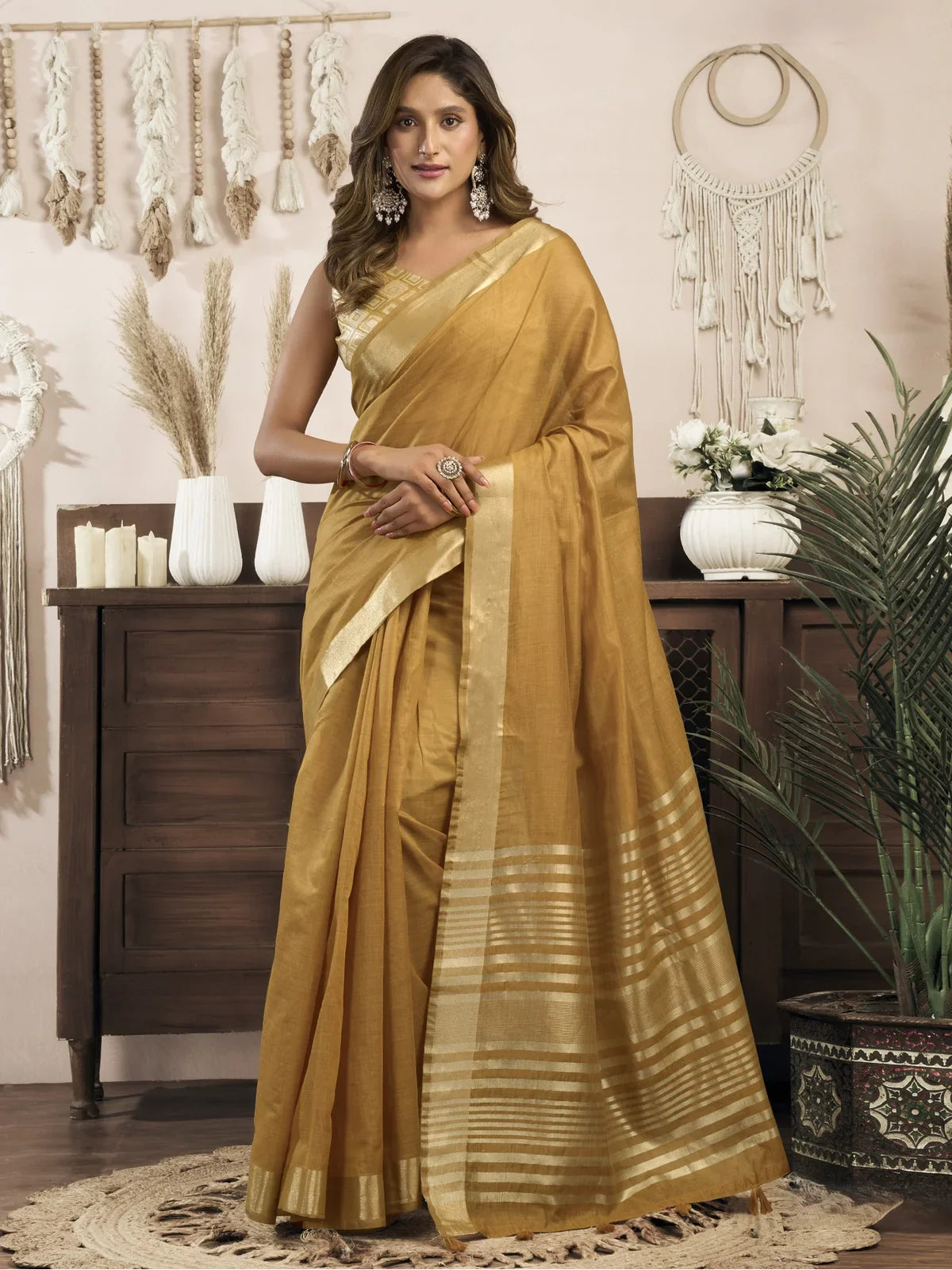 Tarani mustard khadi cotton saree full view with zari border and striped pallu for casual wear
