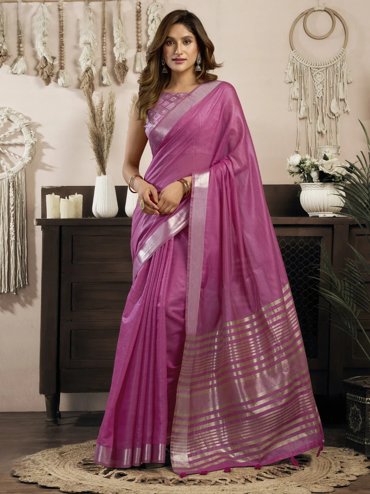 Tarani pink khadi cotton saree with zari striped pallu and brocade blouse, full view