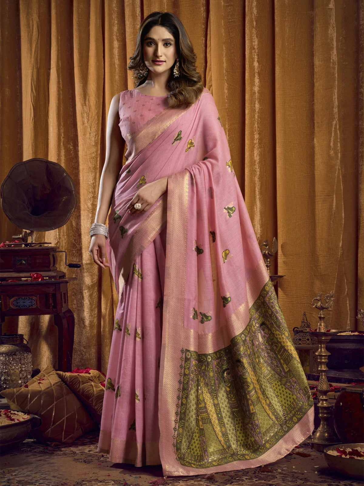 Tarani pink khadi cotton saree full view with bird motifs and brocade blouse