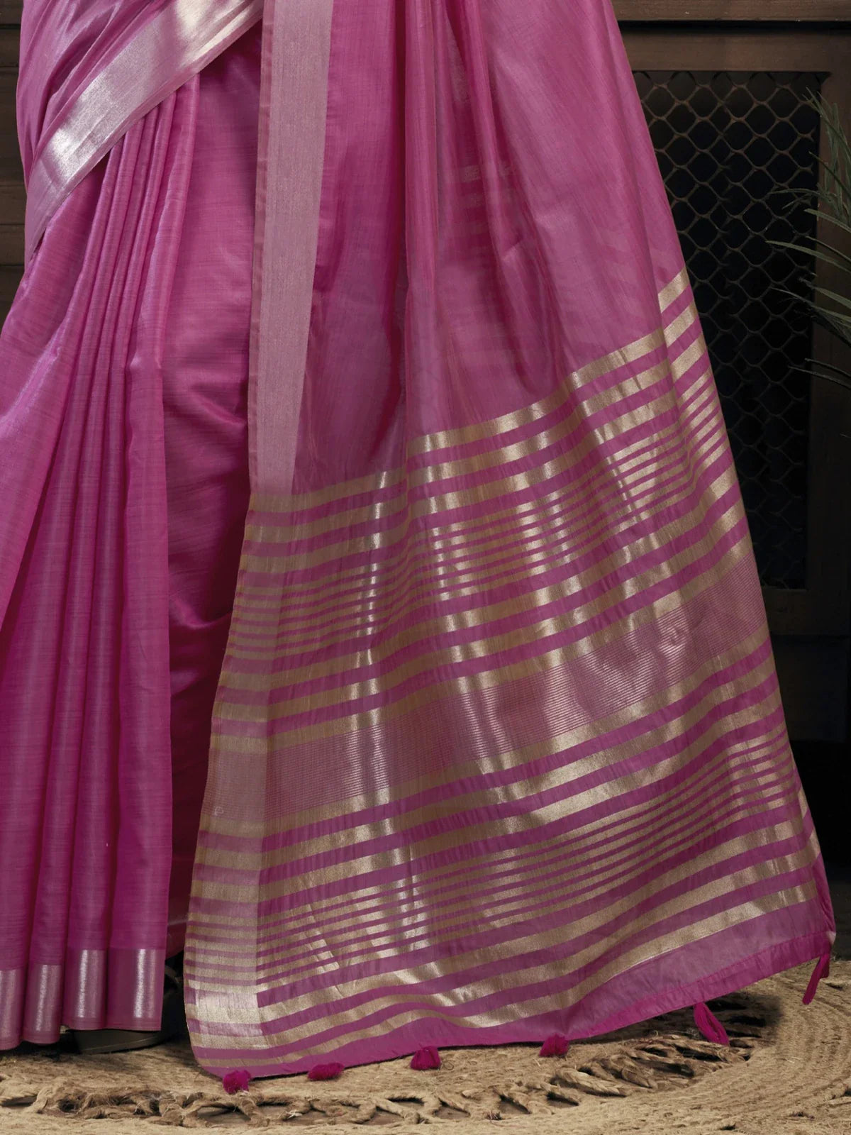 Tarani pink khadi cotton saree pallu and zari border detailing with woven stripes