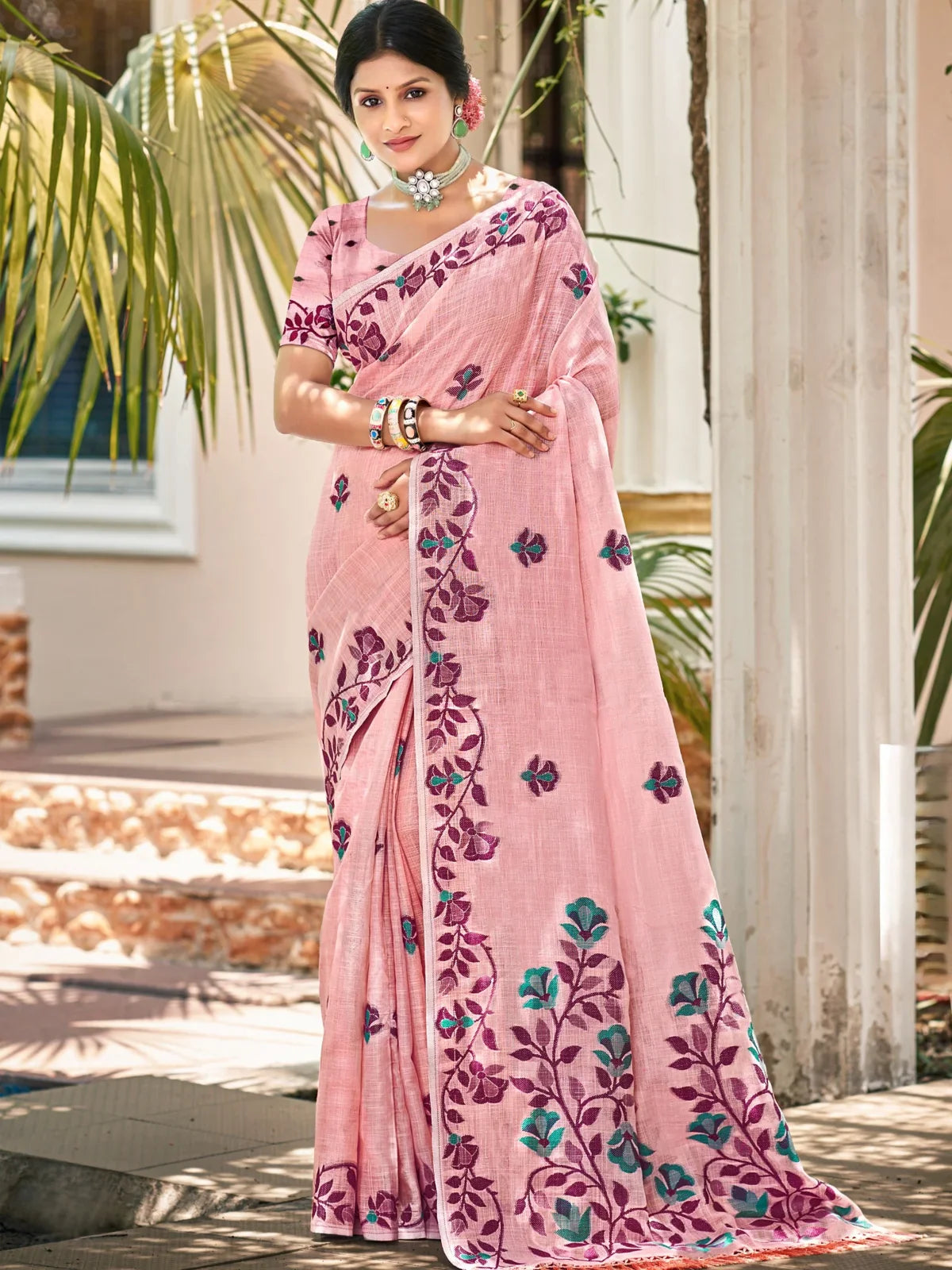 Tarani light pink Lilen festive saree full view with floral embroidery and elegant drape