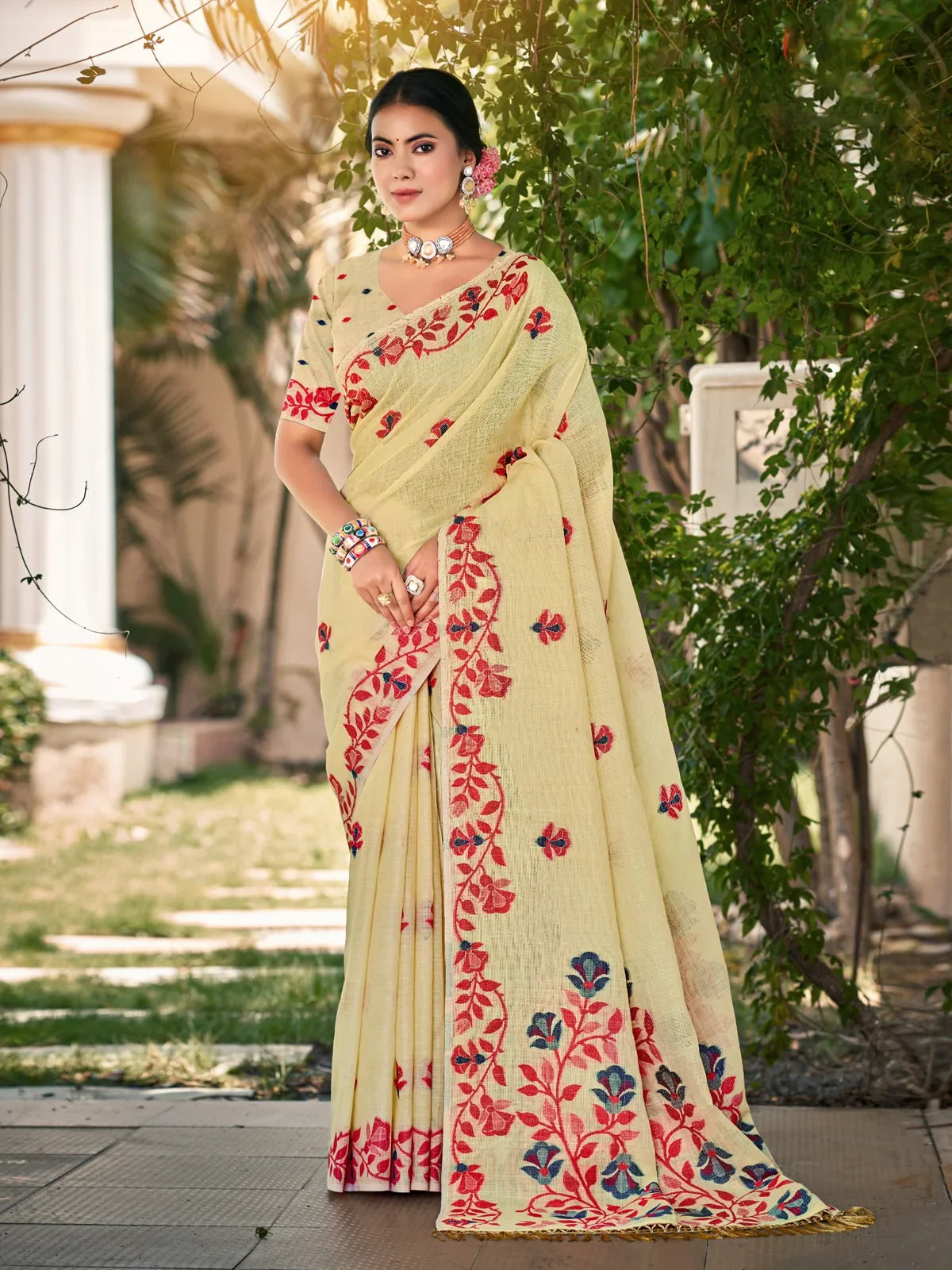 Tarani premium light yellow Lilen festive saree full view with floral embroidery