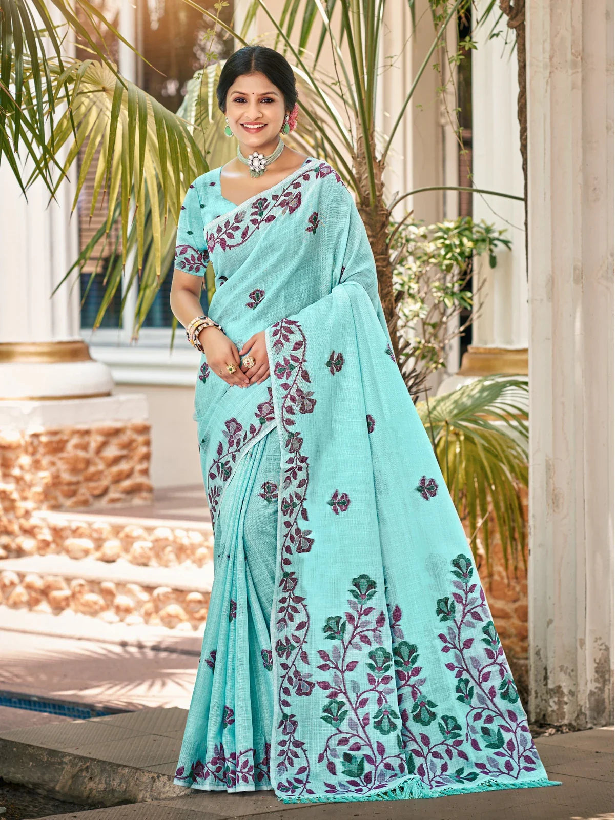 Tarani turquoise lilen festive saree with floral embroidery full view