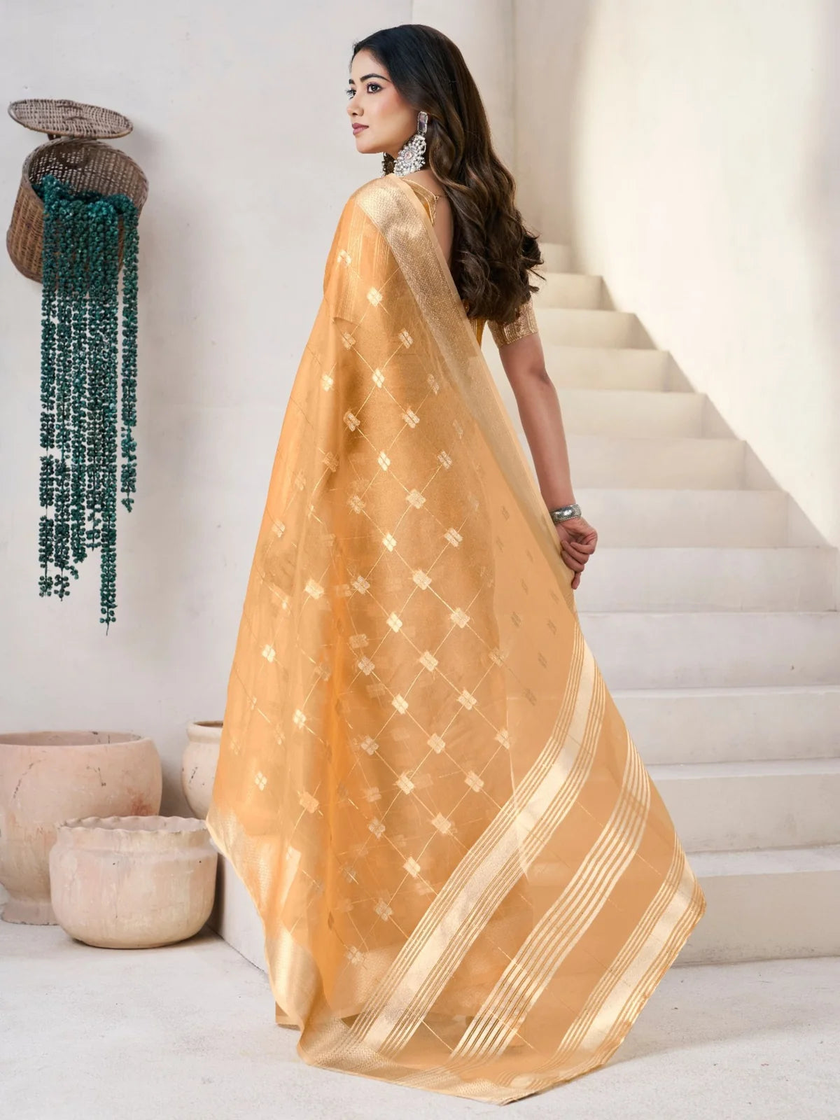 Tarani golden soft linen cotton silk saree back view showcasing pallu and zari pattern