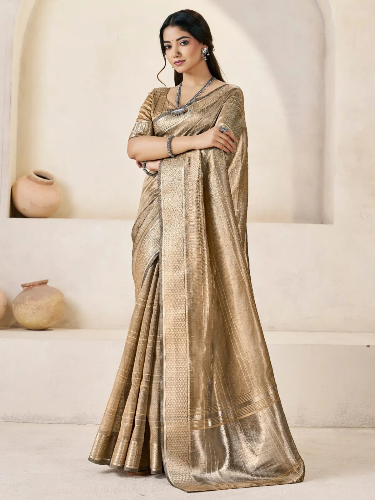 Tarani golden soft linan cotton silk saree with zari work and blouse piece for wedding wear