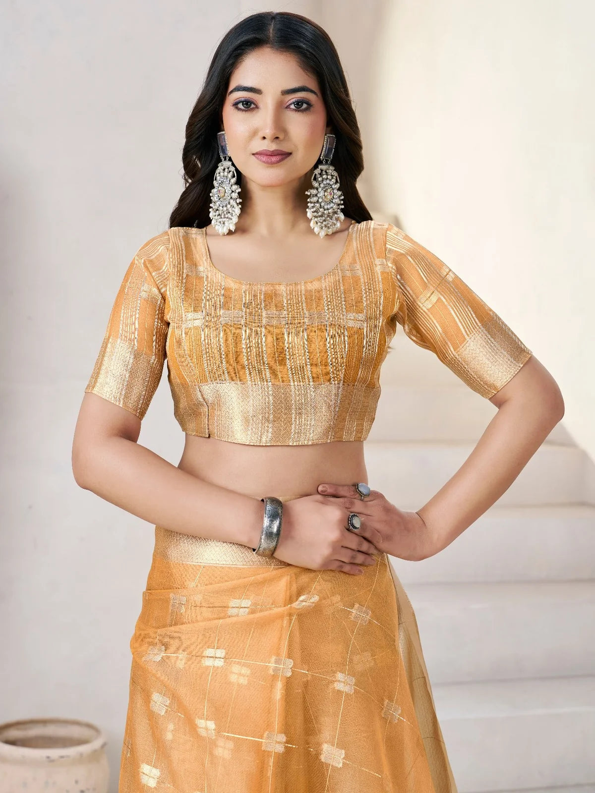 Tarani golden soft linen cotton silk saree blouse design upper body view with zari detailing