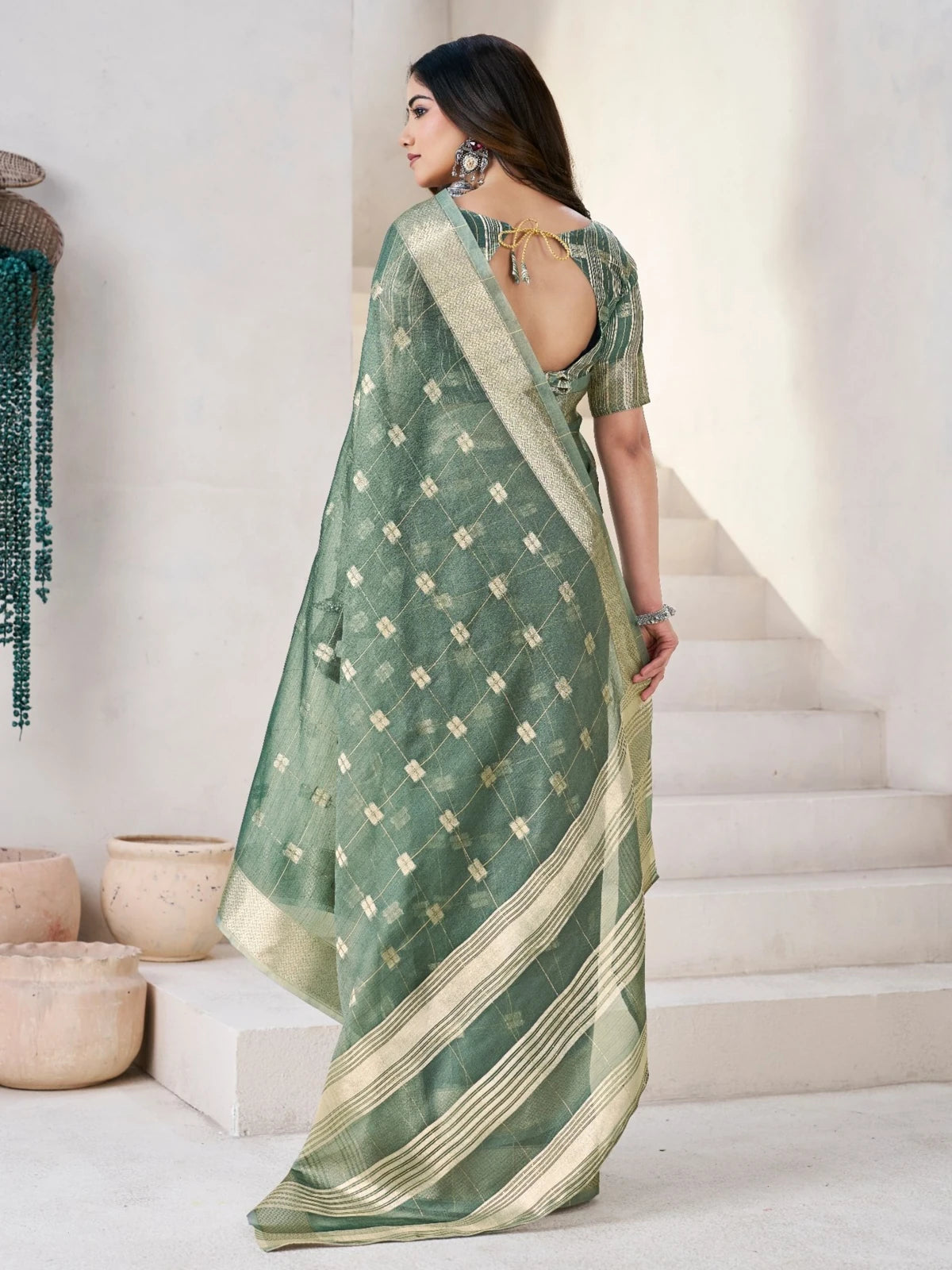Tarani green soft linan cotton silk saree back view with blouse design Aashlesha