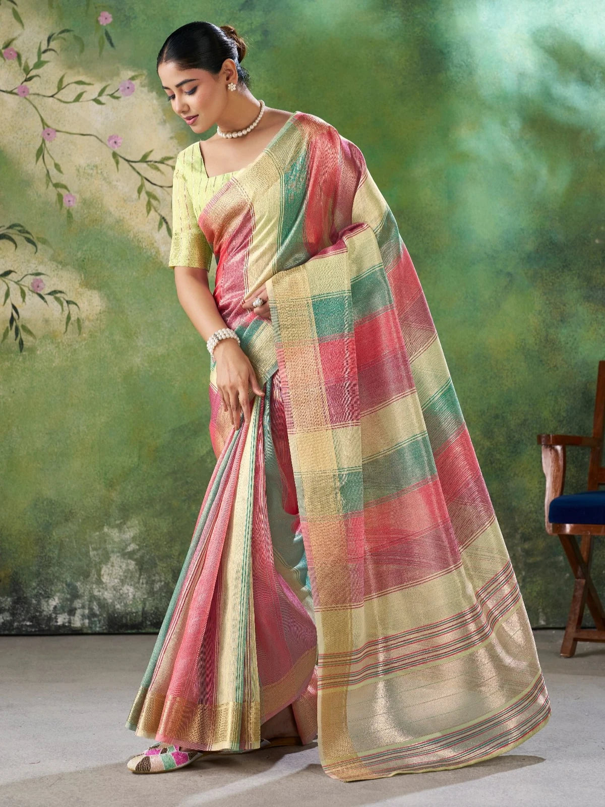 Tarani Falguni green soft linan cotton silk saree with zari work full view for wedding and party wear