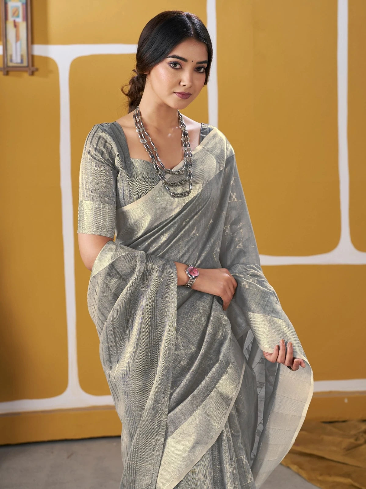 Tarani grey linen cotton silk saree front pose showcasing woven details