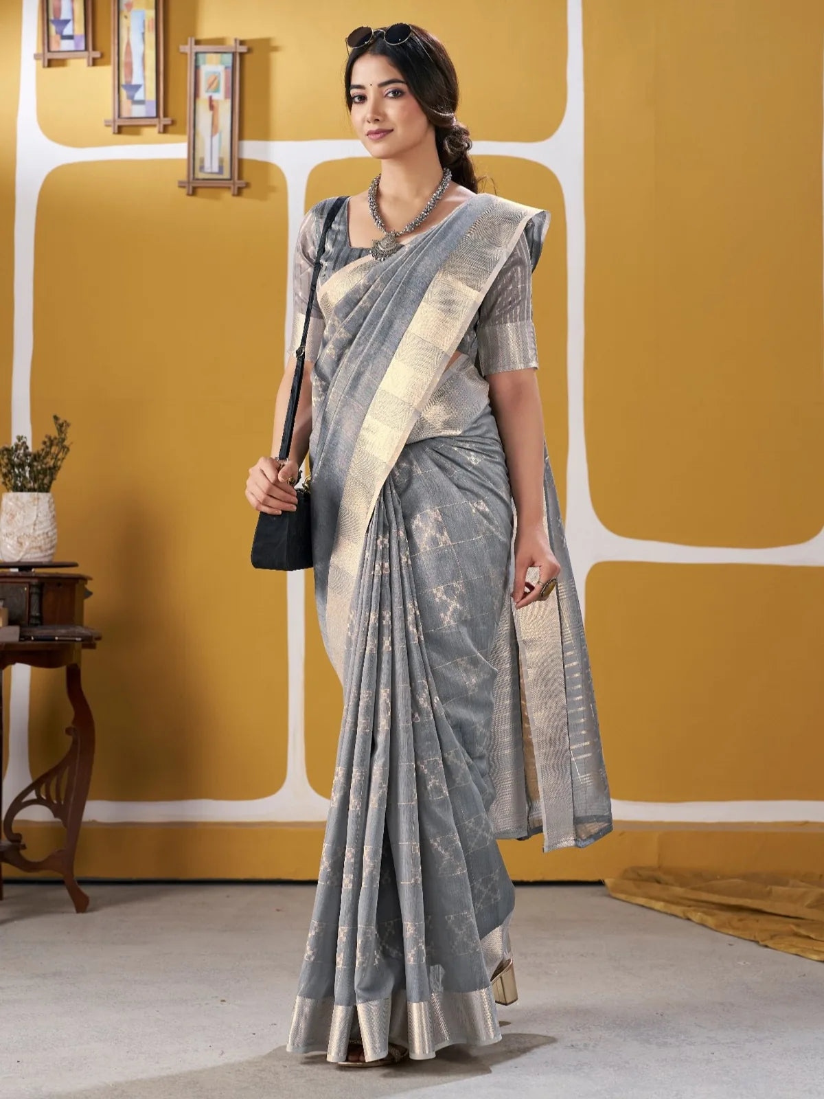 Tarani grey zari work saree front drape styling with blouse piece Ranjika