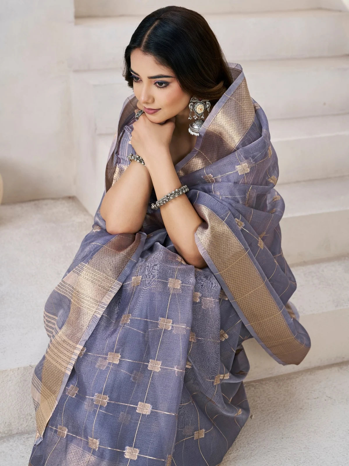 Tarani lavender linen cotton silk saree closeup view showing zari woven texture