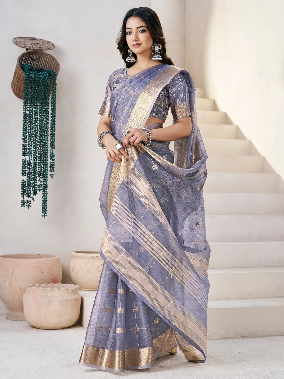 Tarani lavender linen cotton silk saree with zari work full view for wedding and party wear