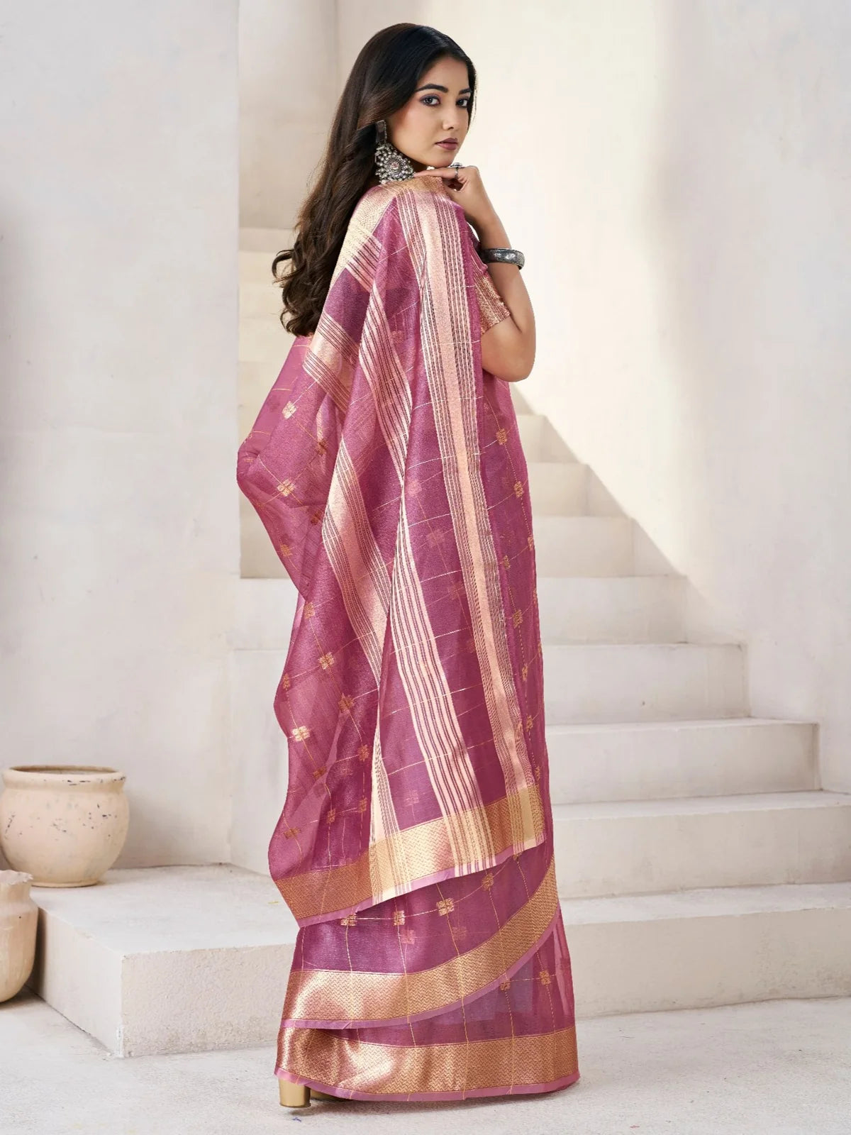 Tarani Suhasini magenta zari work saree back view with rich pallu