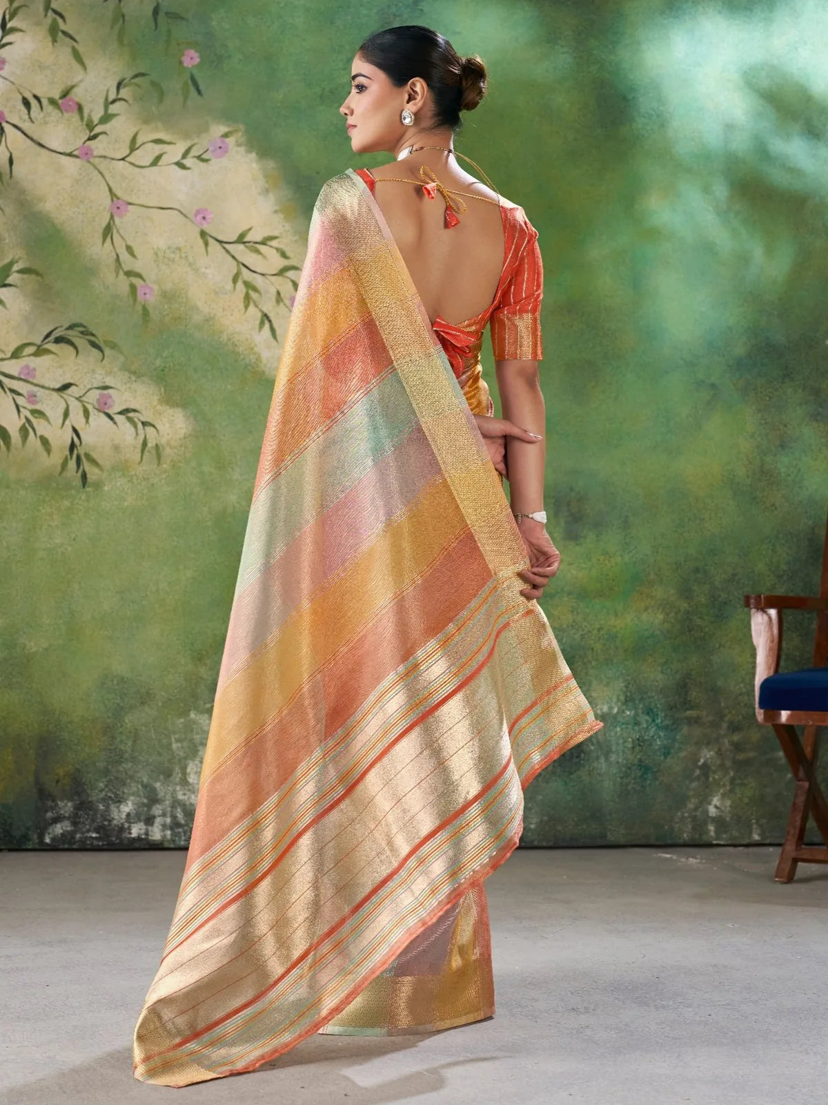 Tarani soft linan cotton silk saree back view with blouse design and zari woven pallu