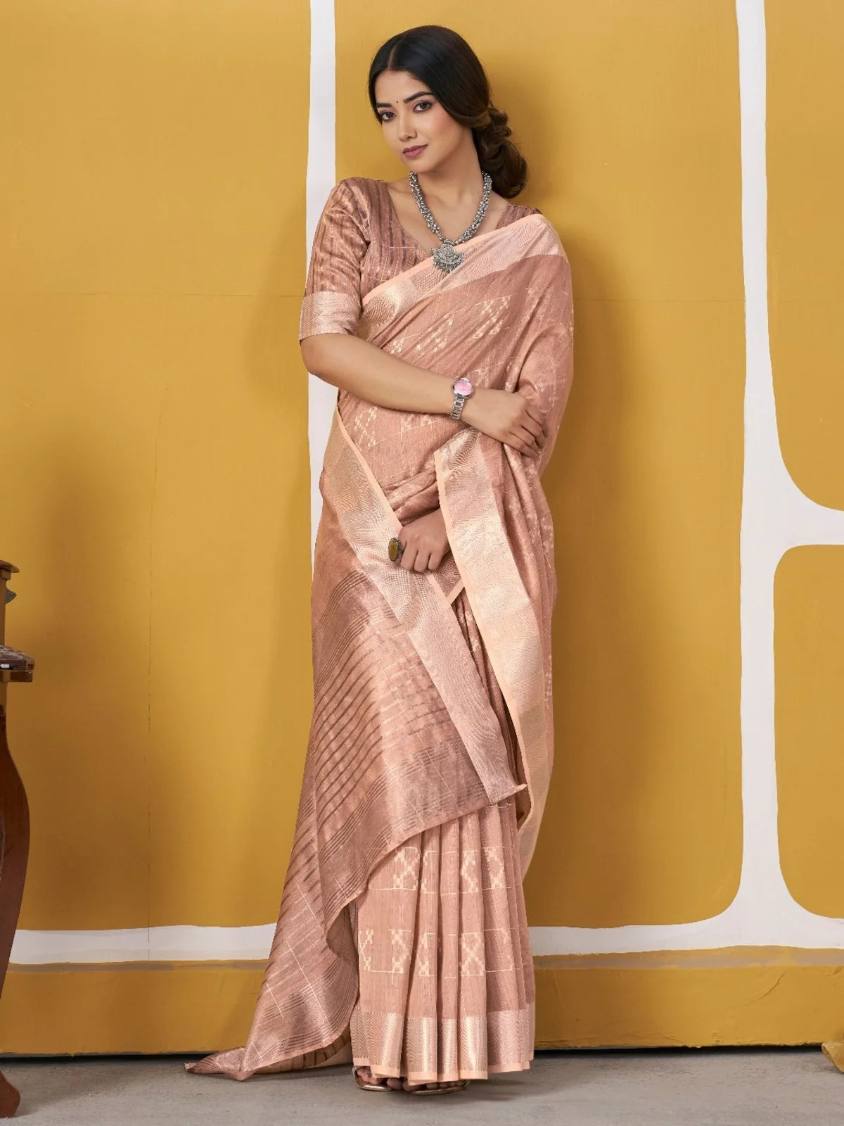 Tarani peach soft linan cotton silk saree front drape view for wedding celebrations