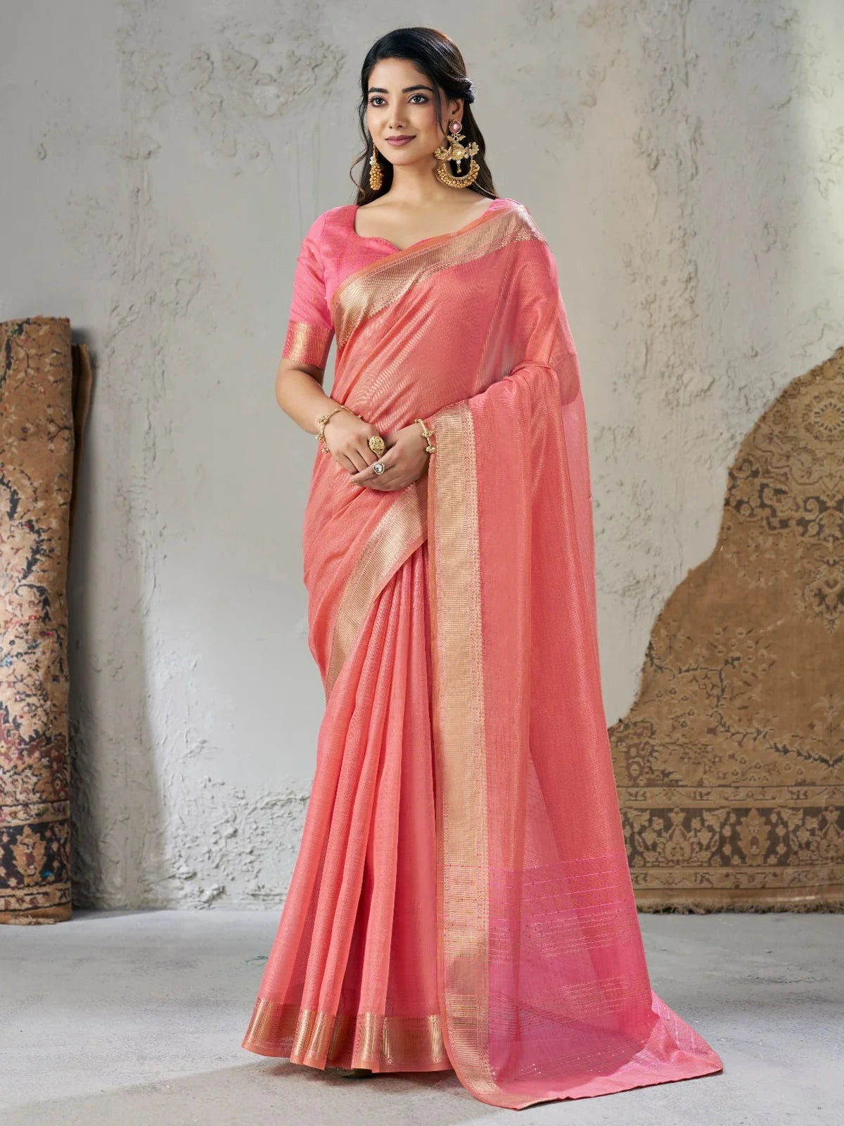 Tarani peach soft linan cotton silk saree with zari border full view Aryana