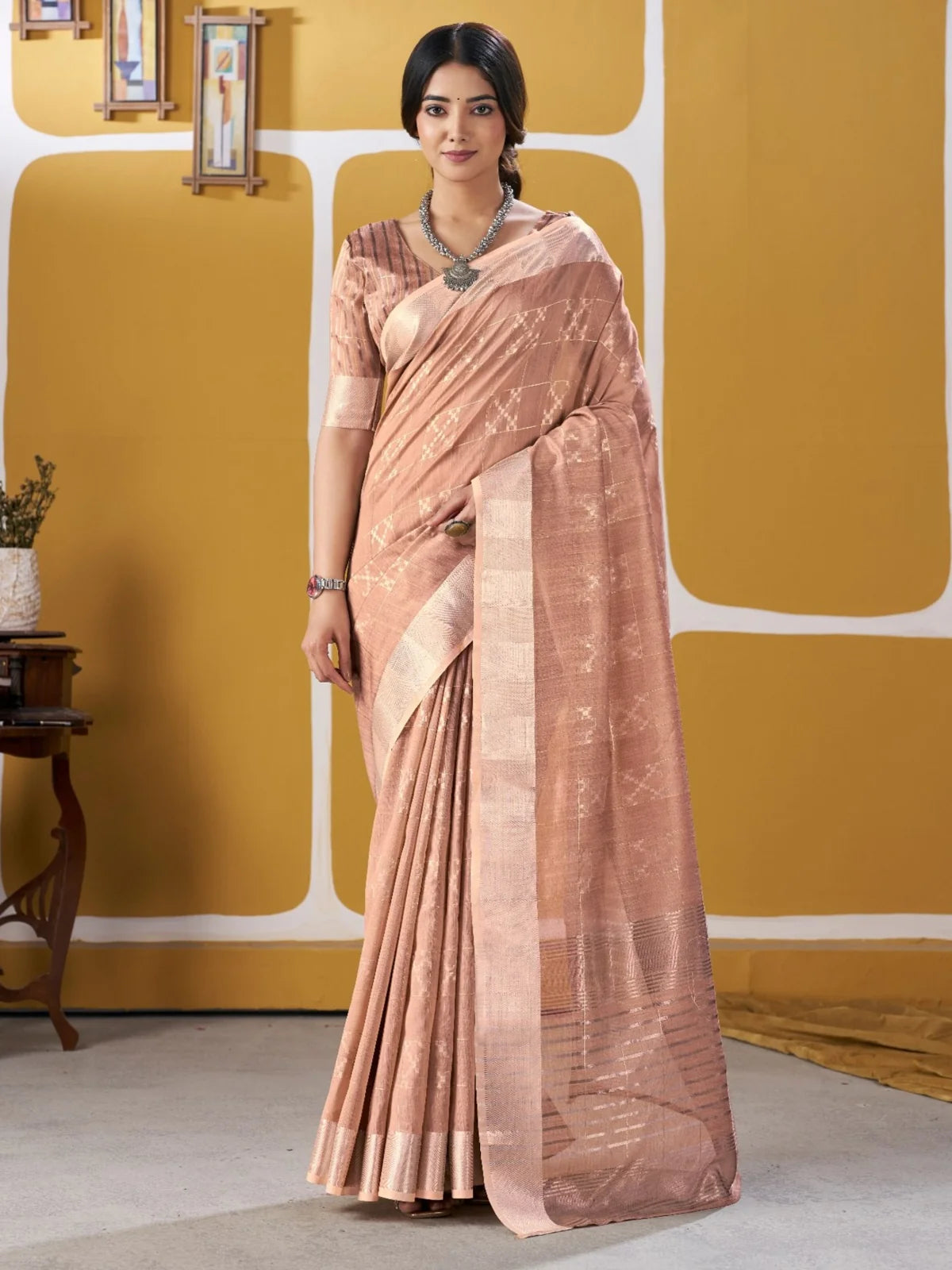 Tarani peach soft linan cotton silk saree with zari work full view for wedding and party wear