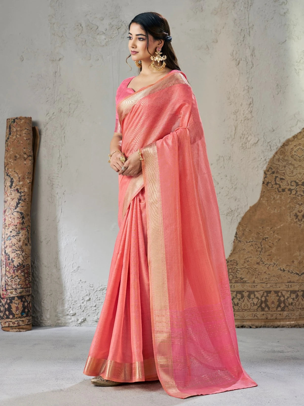 Tarani peach soft linan cotton silk saree side drape view Aryana