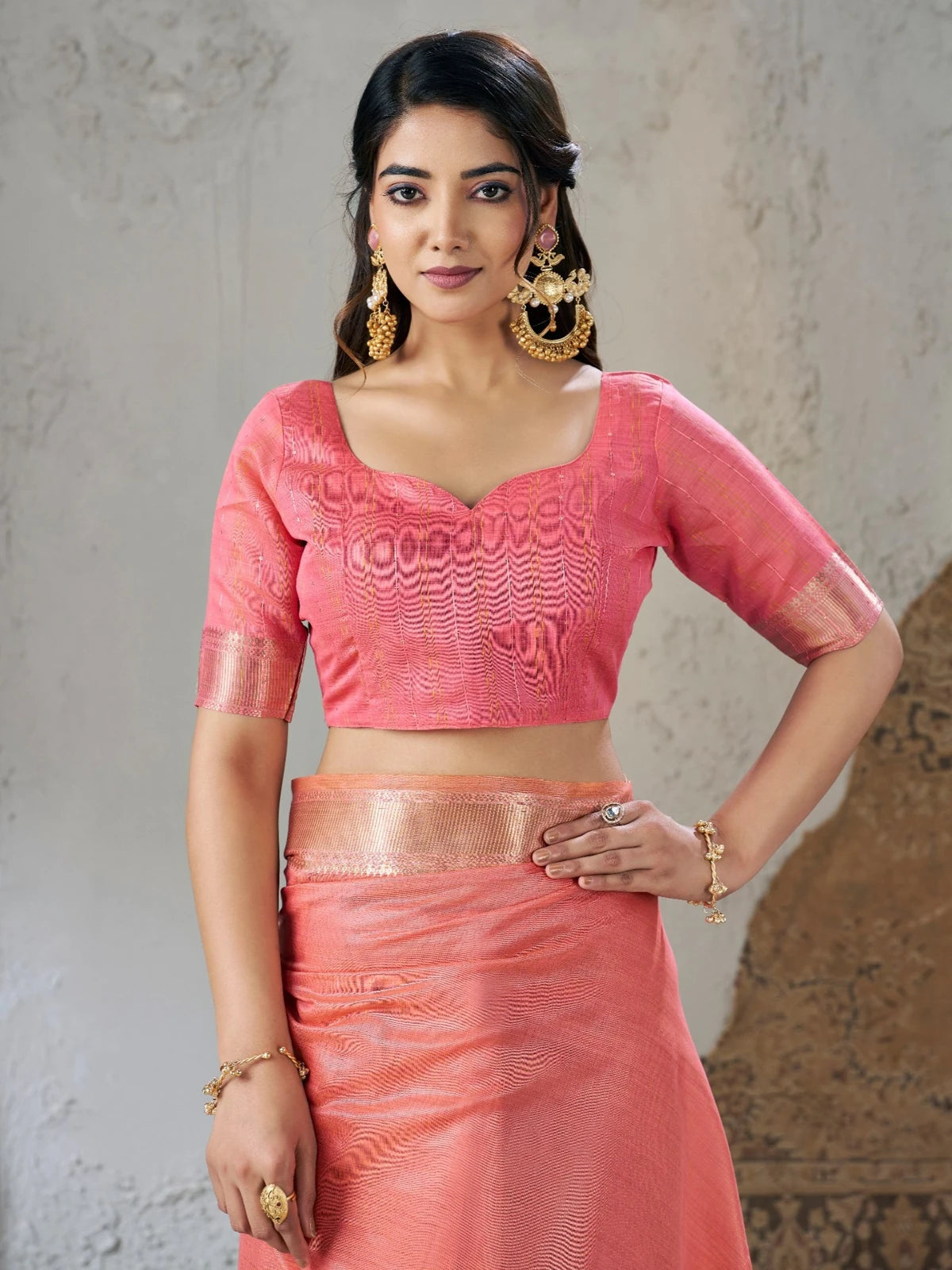 Tarani peach zari work blouse upper body view with matching saree Aryana