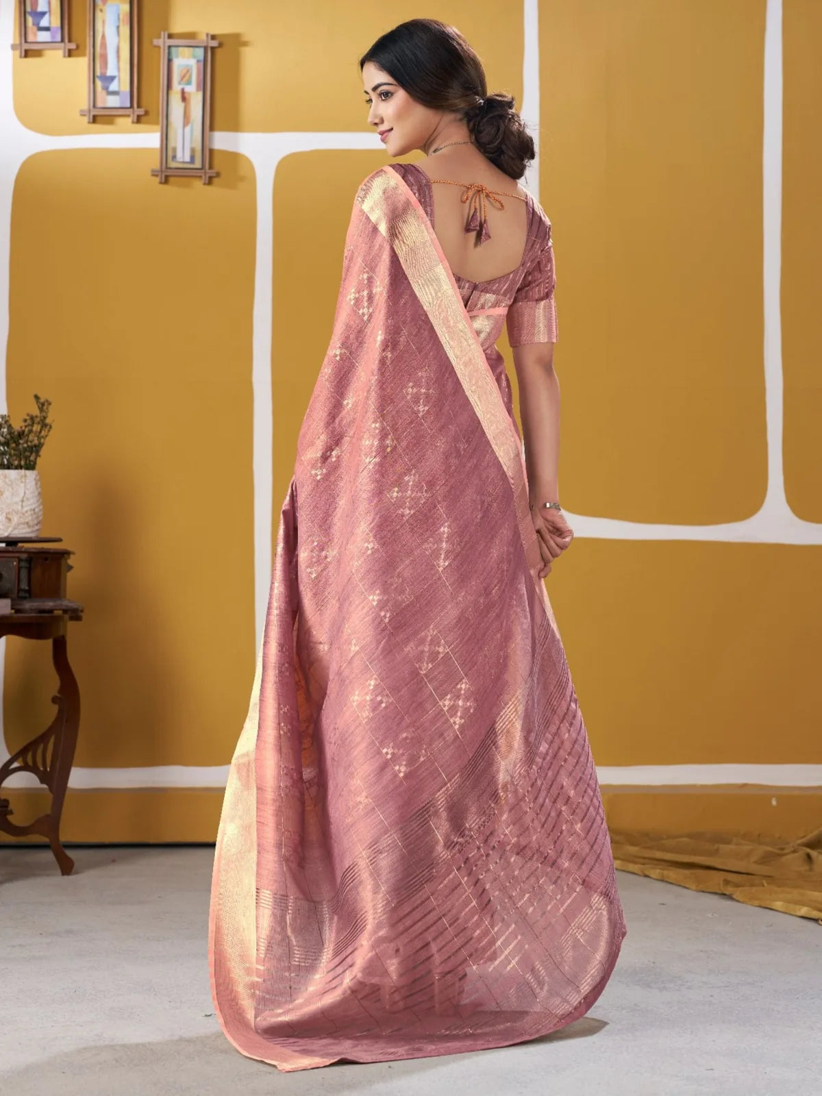 Tarani pink zari work saree stylish back view with blouse design