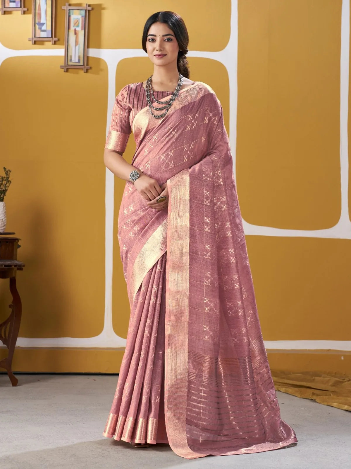 Tarani pink soft linan cotton silk saree with zari work full front view