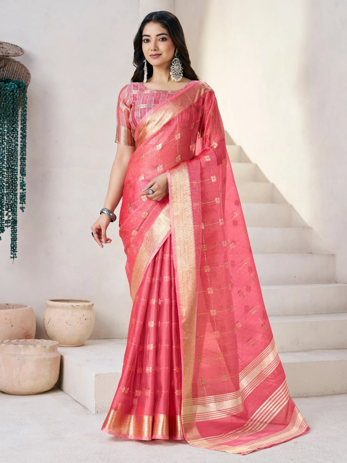 Tarani pink soft linan cotton silk saree with zari work full view for wedding wear
