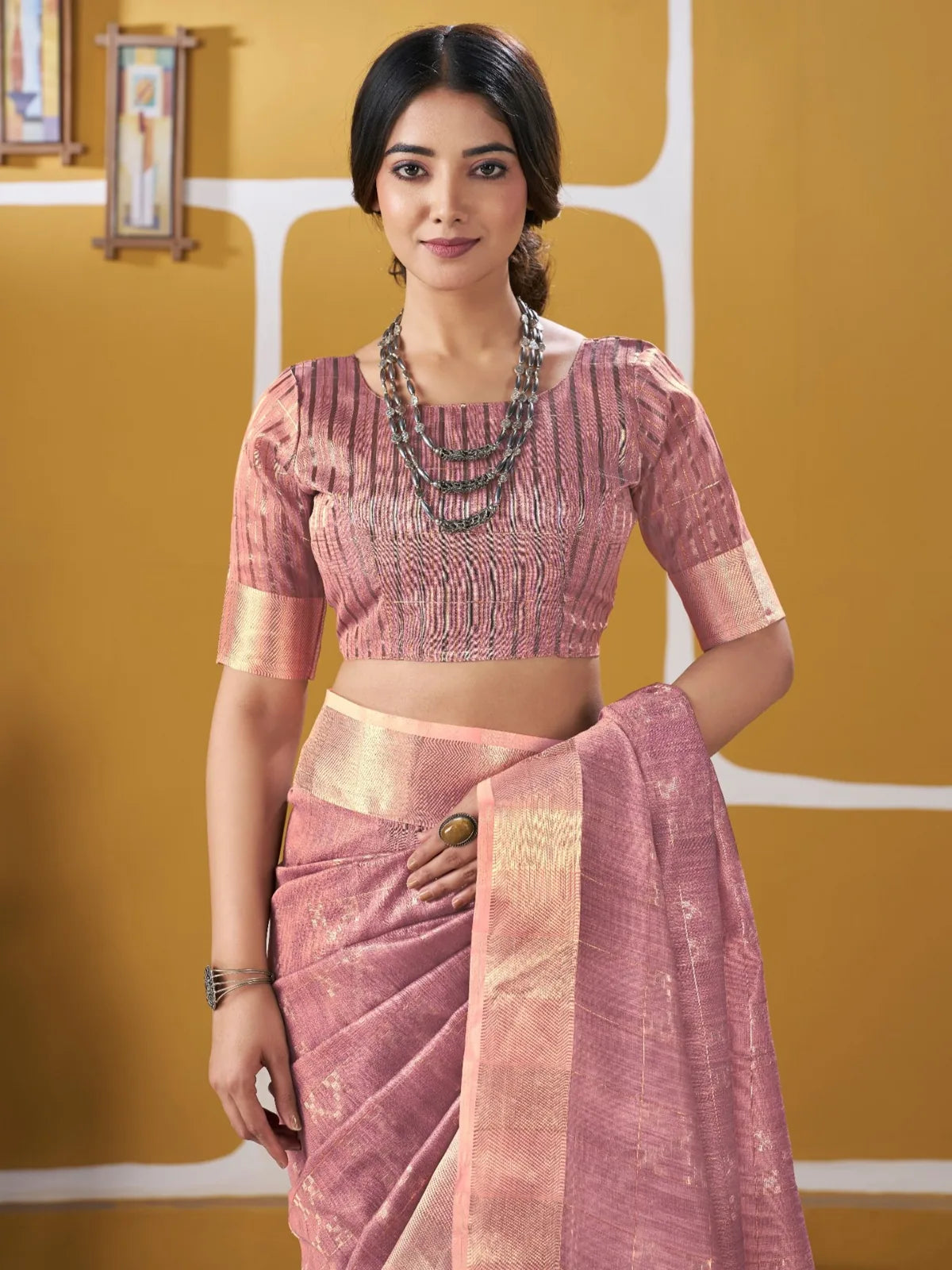 Tarani pink soft linan cotton silk saree blouse and upper body view