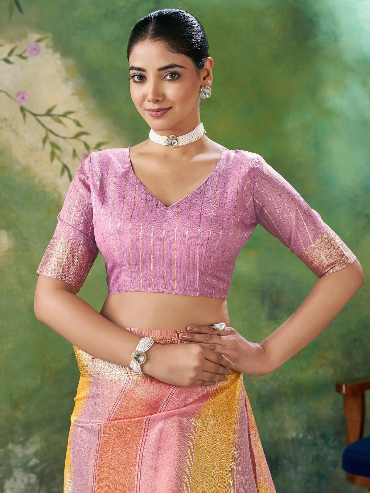 Tarani purple soft linan cotton silk saree blouse and upper body view with zari detailing