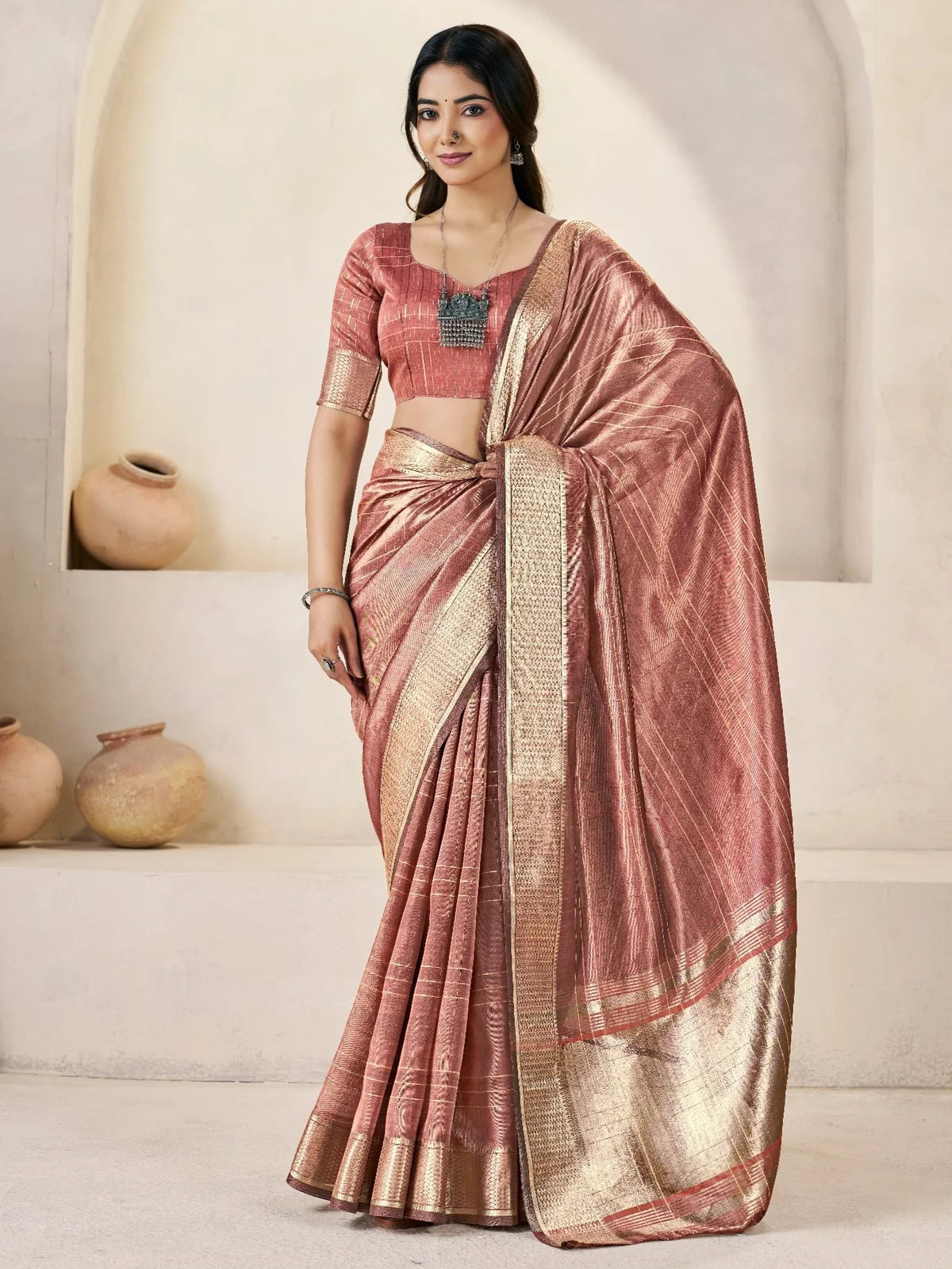 Tarani Amala rose pink soft linan cotton silk saree with zari work full view wedding wear