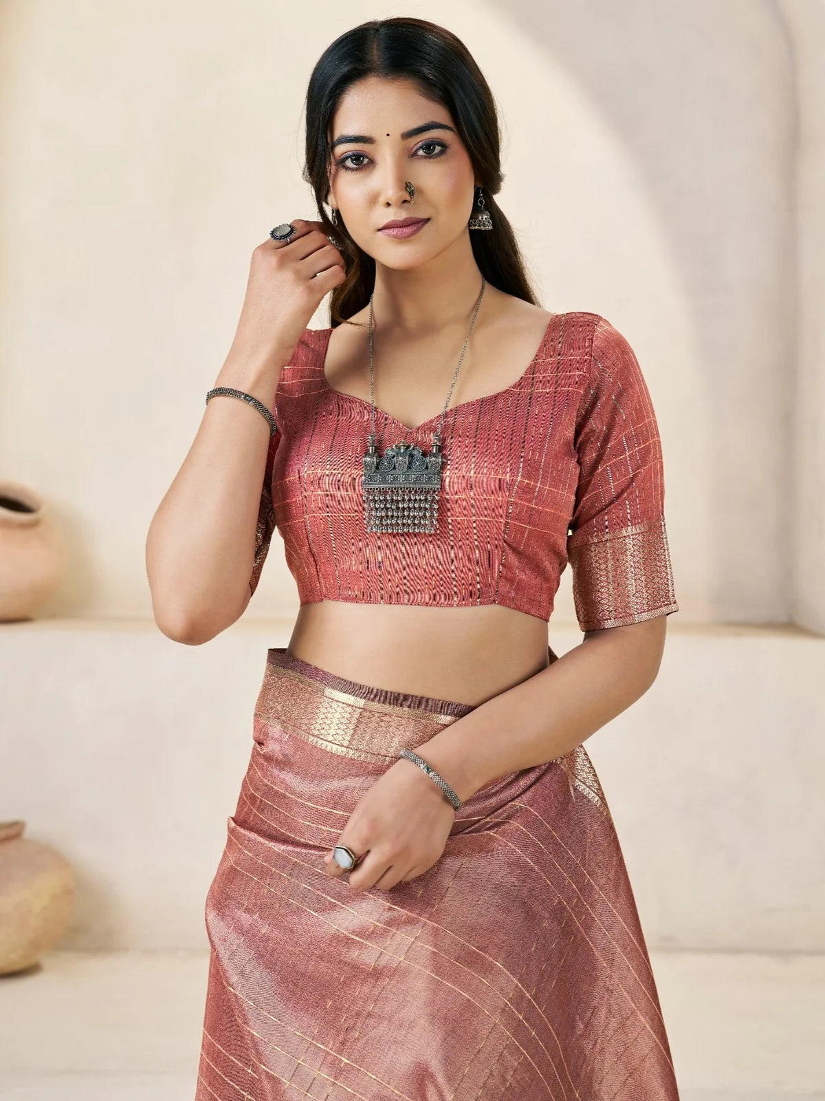 Tarani Amala rose pink zari work saree upper body view with matching blouse