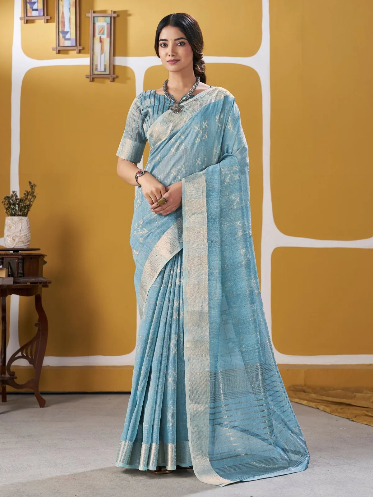 Tarani sky blue zari work linan cotton silk saree full view with blouse piece for wedding wear